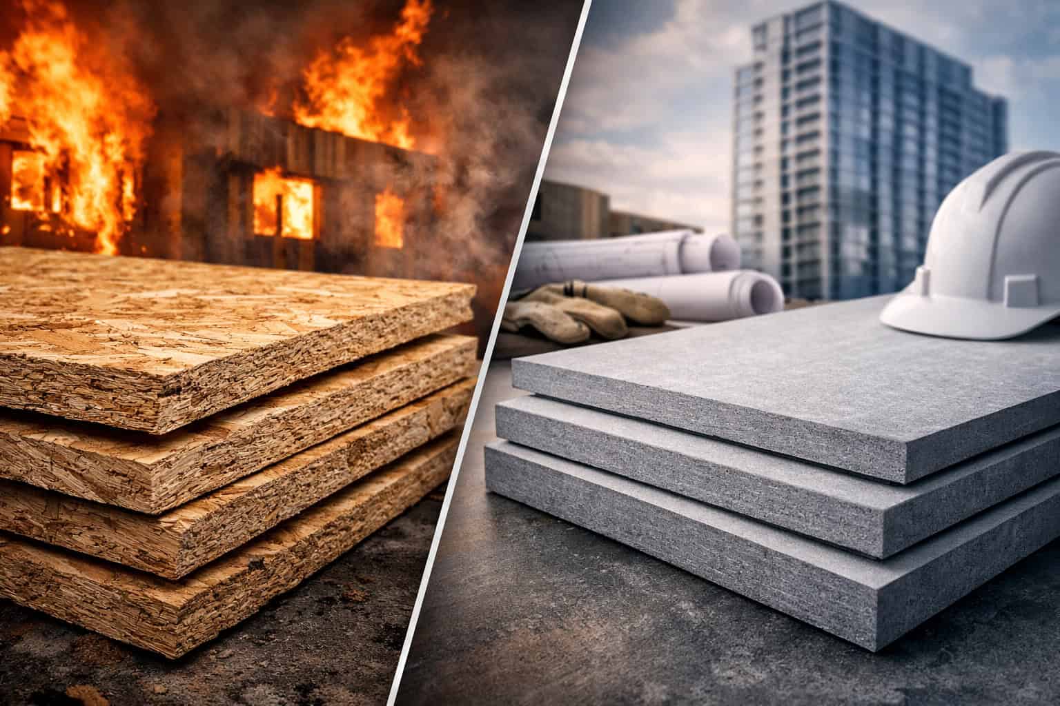 Comparison image showing OSB boards in a fire scenario contrasted with non-combustible fiber cement boards used for safe exterior wall construction.