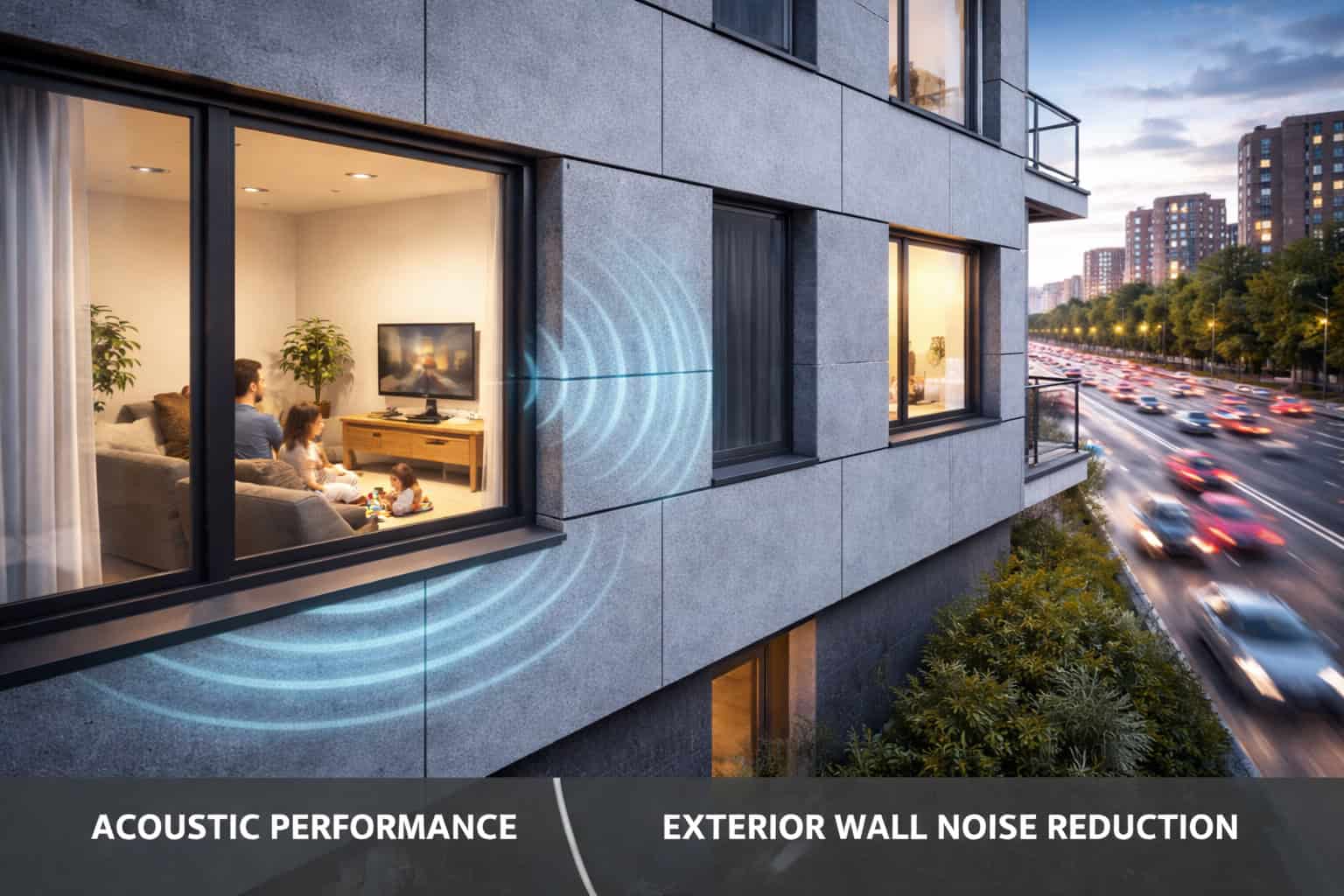 Fiber cement board façade reducing exterior wall noise in a modern apartment building near a busy urban road.