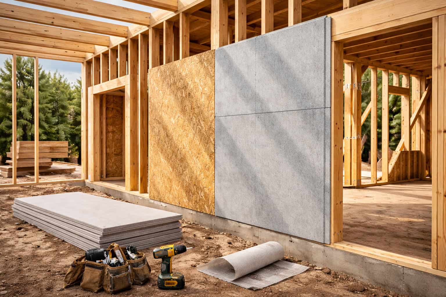 fiber cement boards installed on timber frame wall as exterior sheathing during house construction