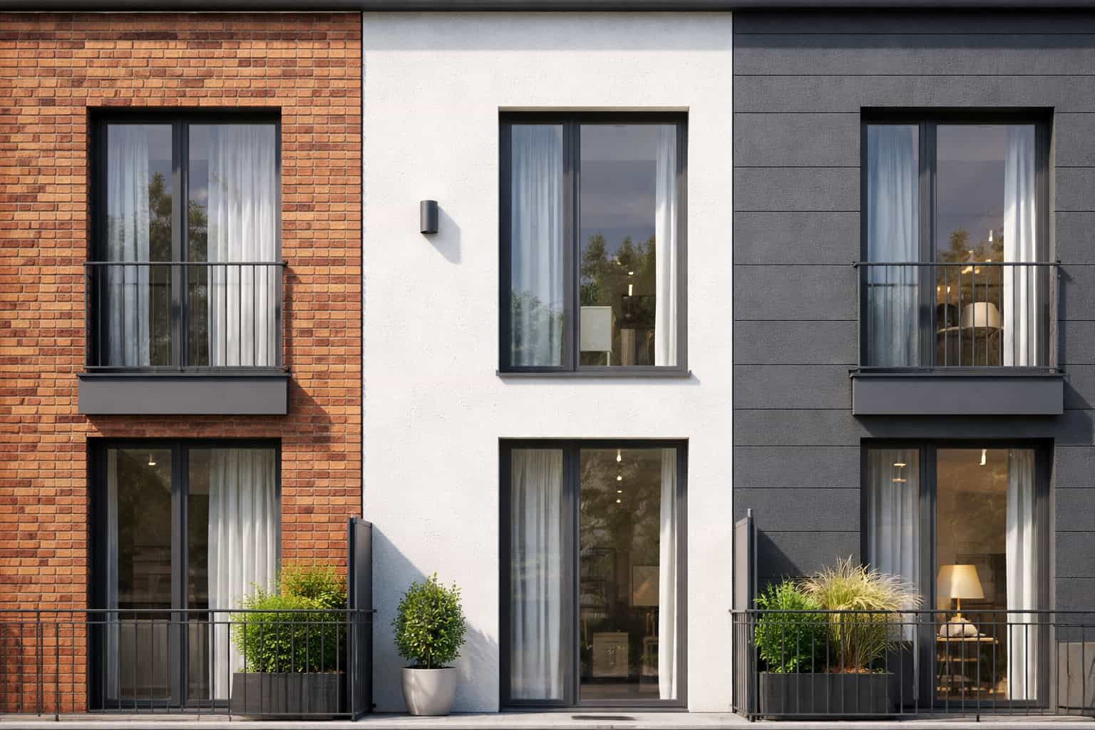 modern building facade showing brick wall, white render facade, and dark cladding panels on exterior wall systems