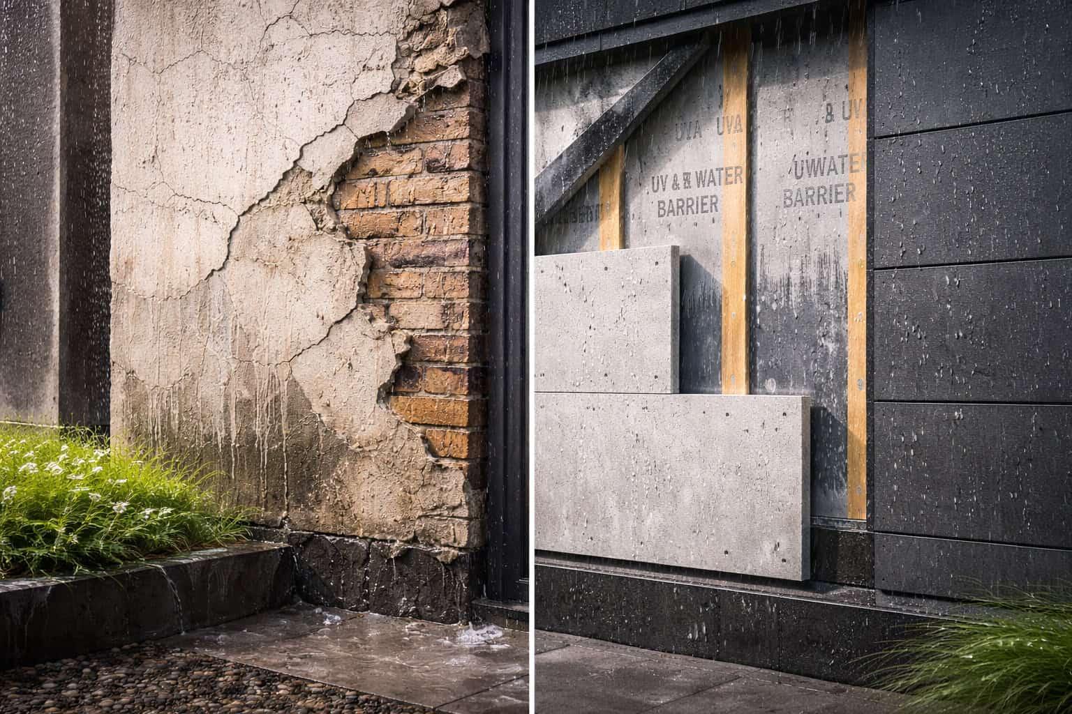 comparison of damaged exterior wall and modern facade with fiber cement board sheathing protecting the structure