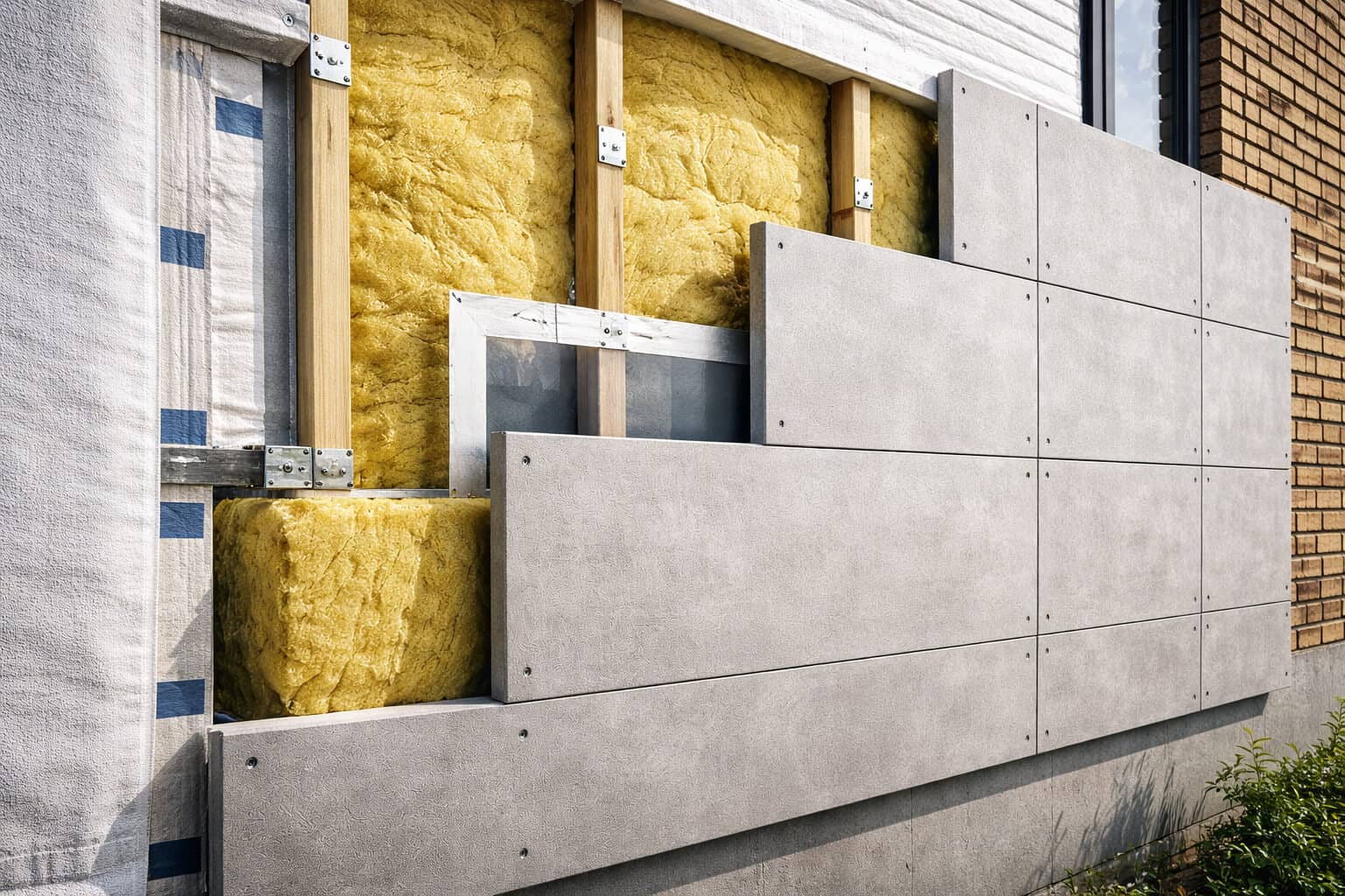 fiber cement boards installed over mineral wool insulation in modern exterior wall system