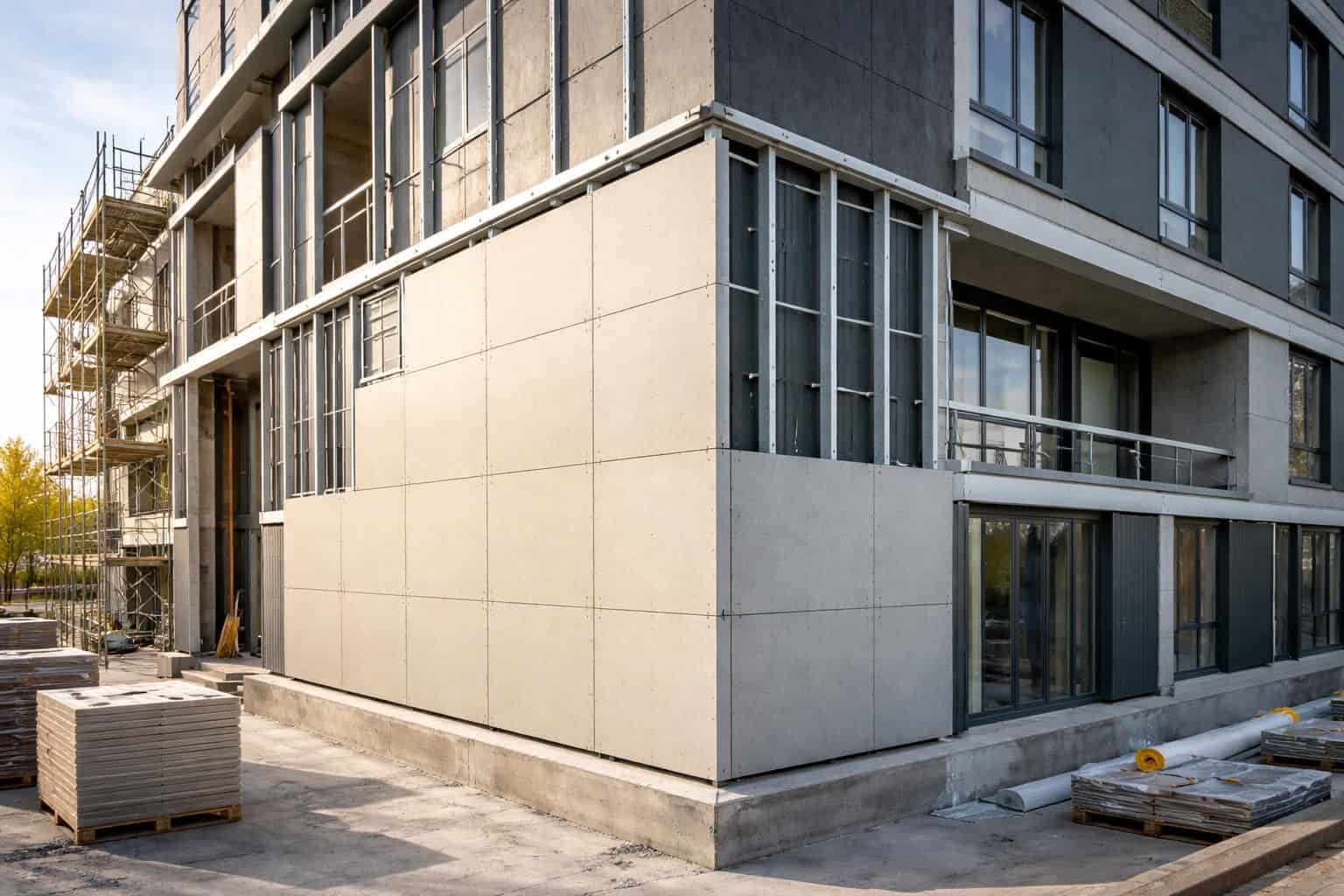 Long-lasting fiber cement boards used in a modern exterior wall system
