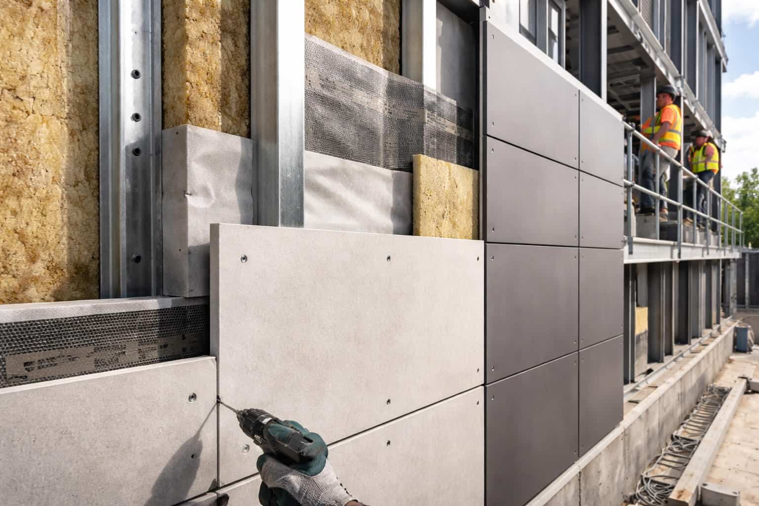 Fiber cement boards installed in a multi-layer wall system with insulation and steel frame