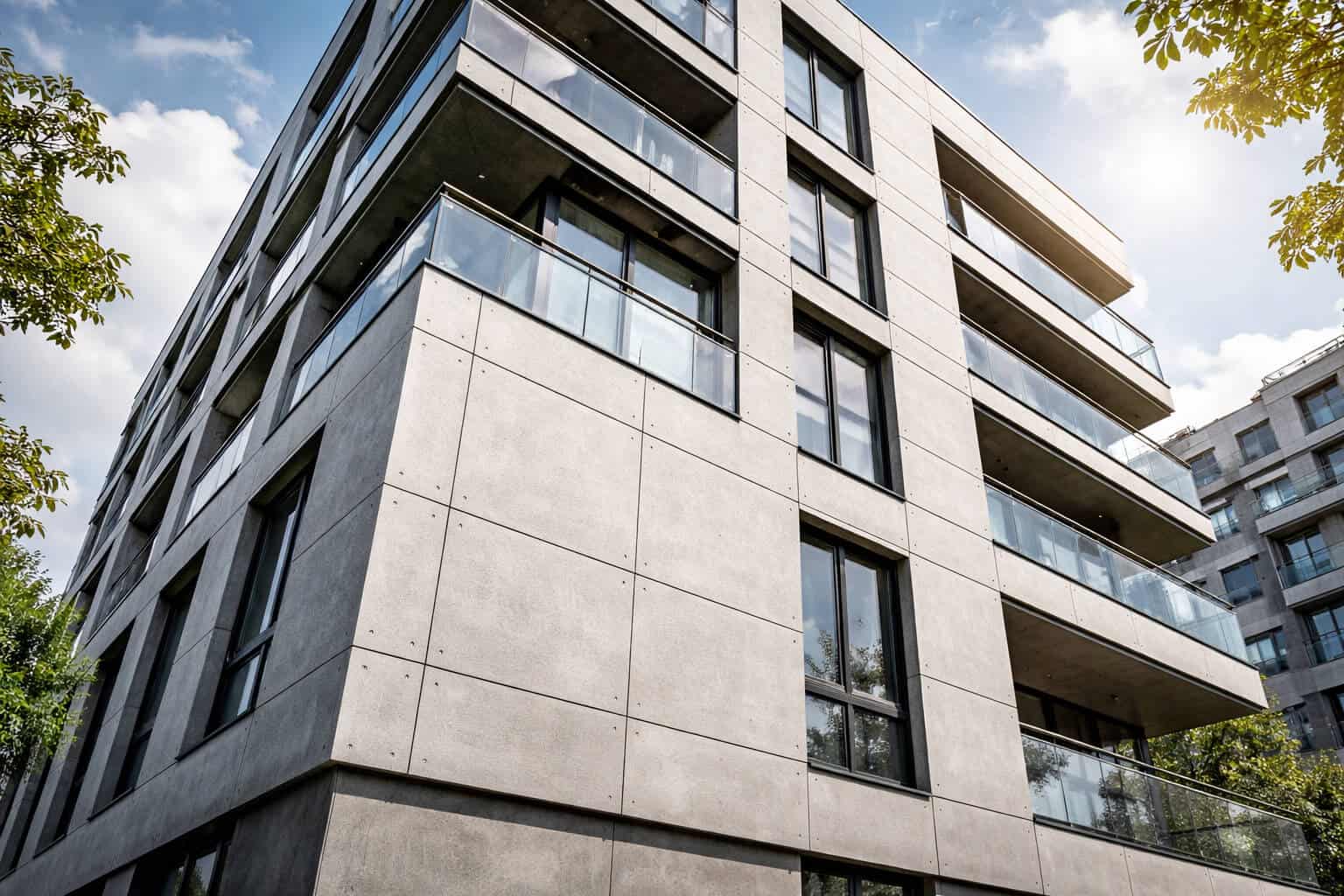 fiber cement boards installed on modern multi storey building exterior wall facade