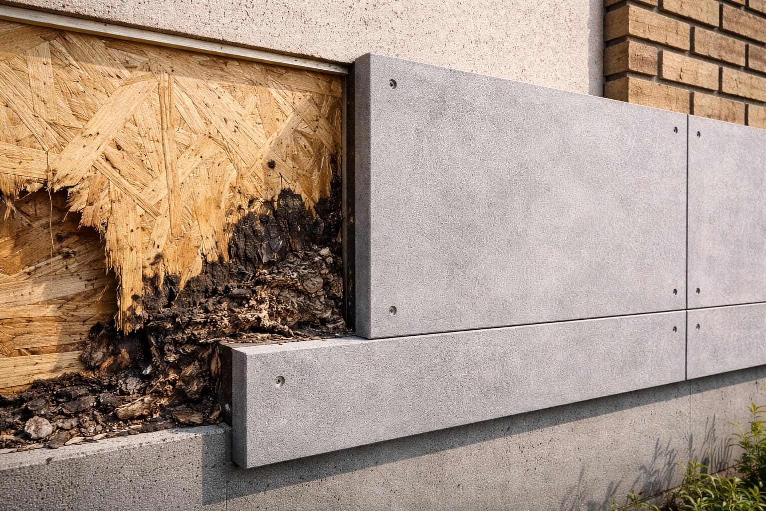 comparison showing rotting wood sheathing and durable fiber cement boards on exterior wall system