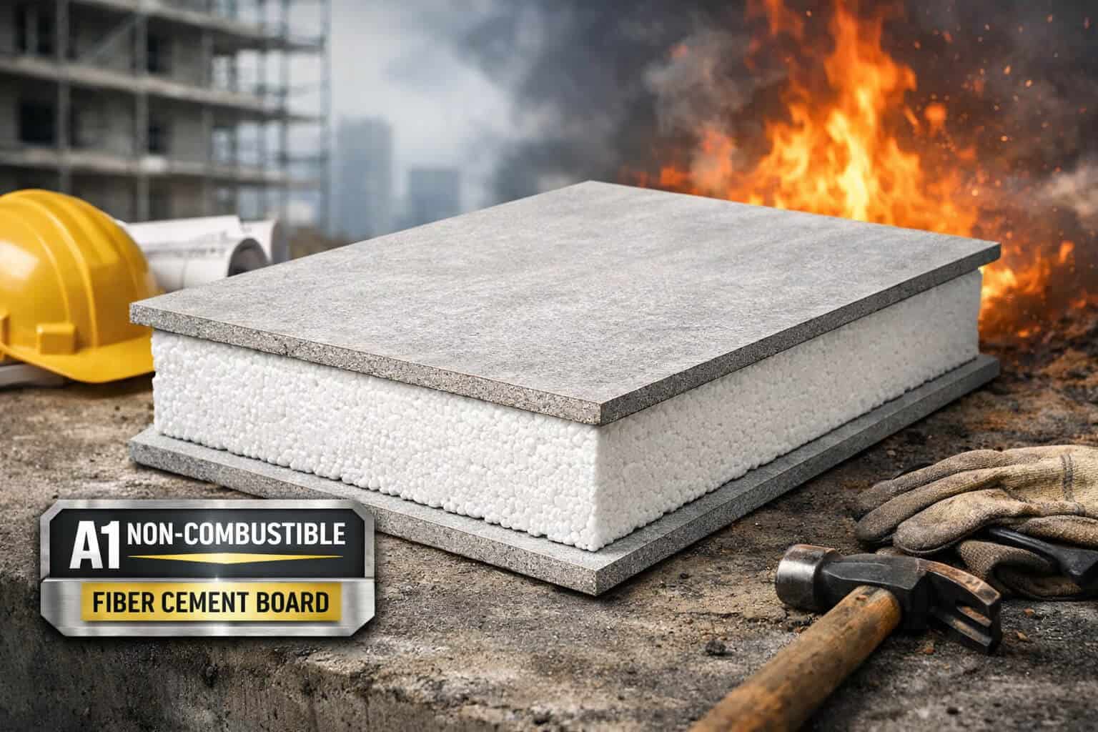 Cross section of SIP panel with fiber cement board facings and insulation core showing A1 non-combustible construction material