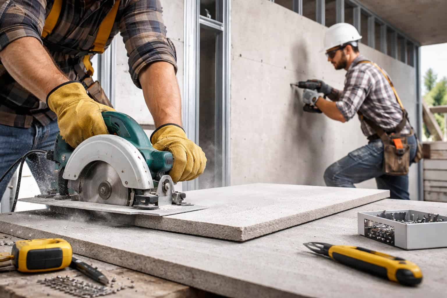 construction workers cutting and installing fiber cement boards with standard tools on site