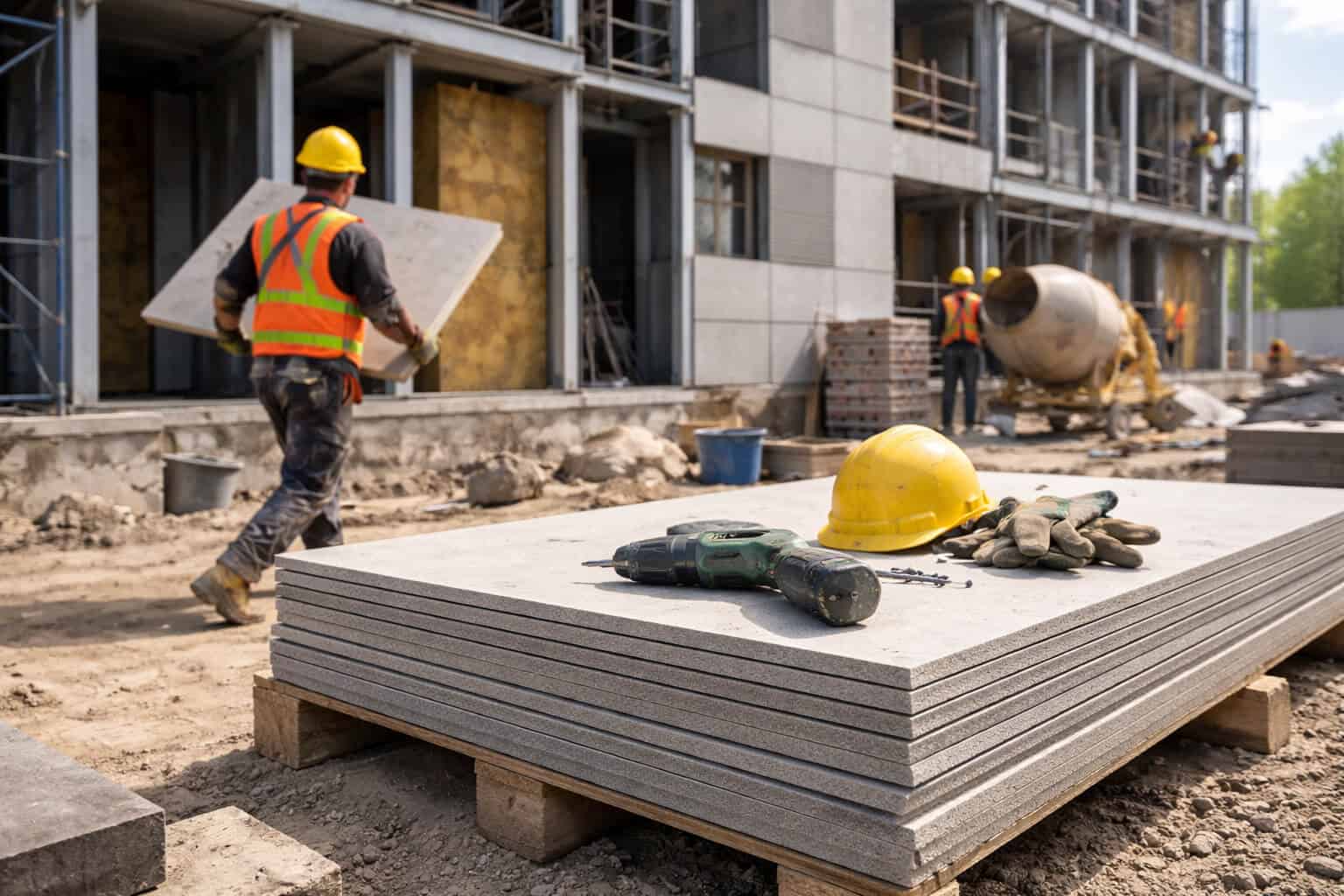 Stack of strong fiber cement boards on a construction site with workers installing exterior wall systems