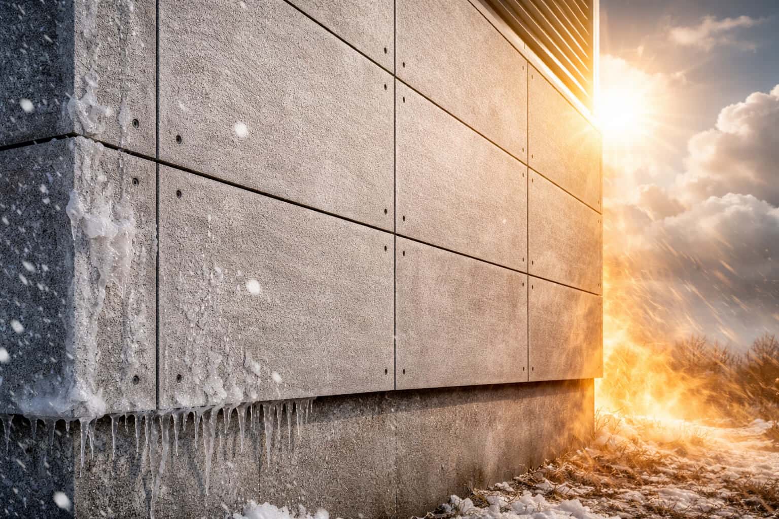 fiber cement boards installed on exterior wall demonstrating resistance to extreme temperature changes between cold and heat