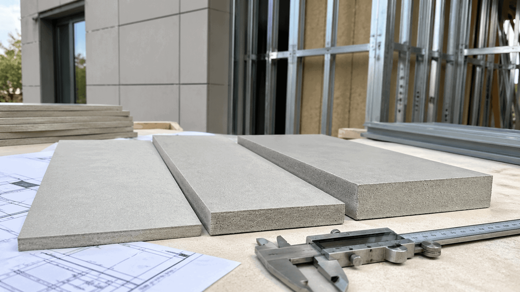 Different fiber cement board thicknesses displayed with a measuring caliper on a construction workbench.