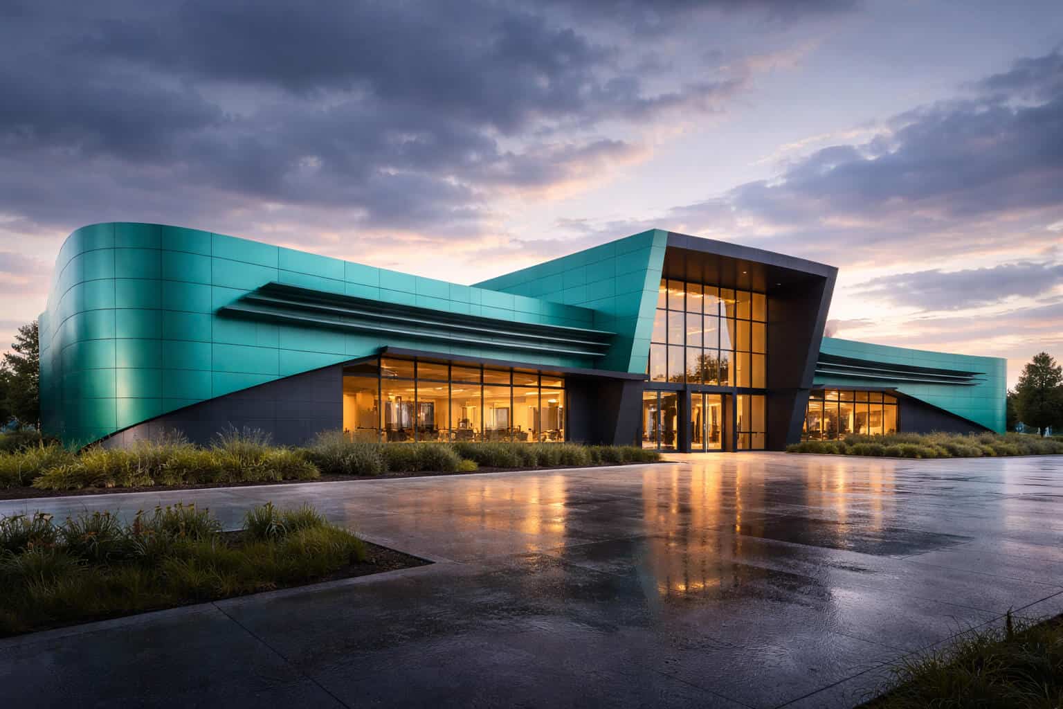 Contemporary commercial building facade with bright turquoise aluminium composite panels