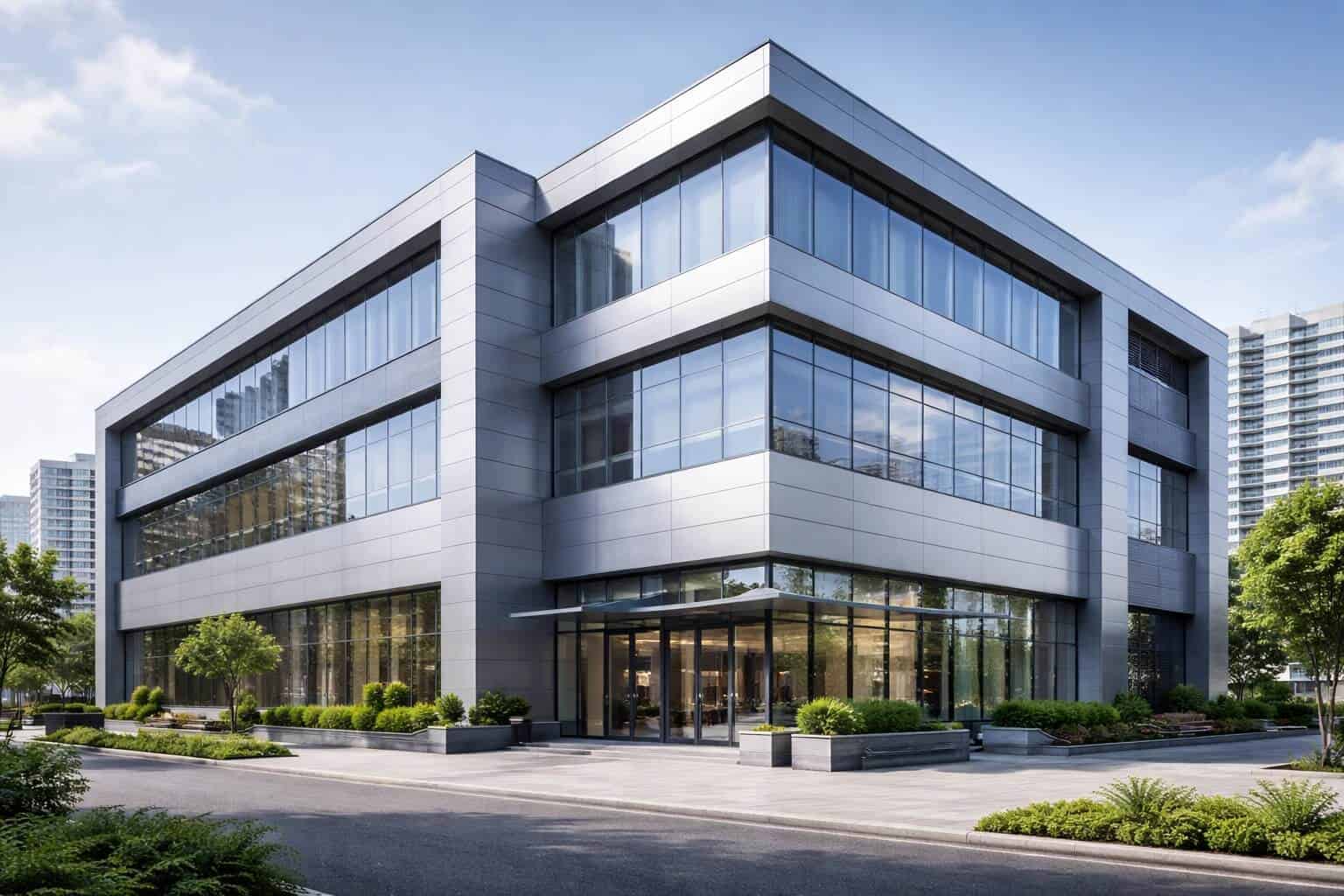Aluminium composite panels used on a modern commercial building facade