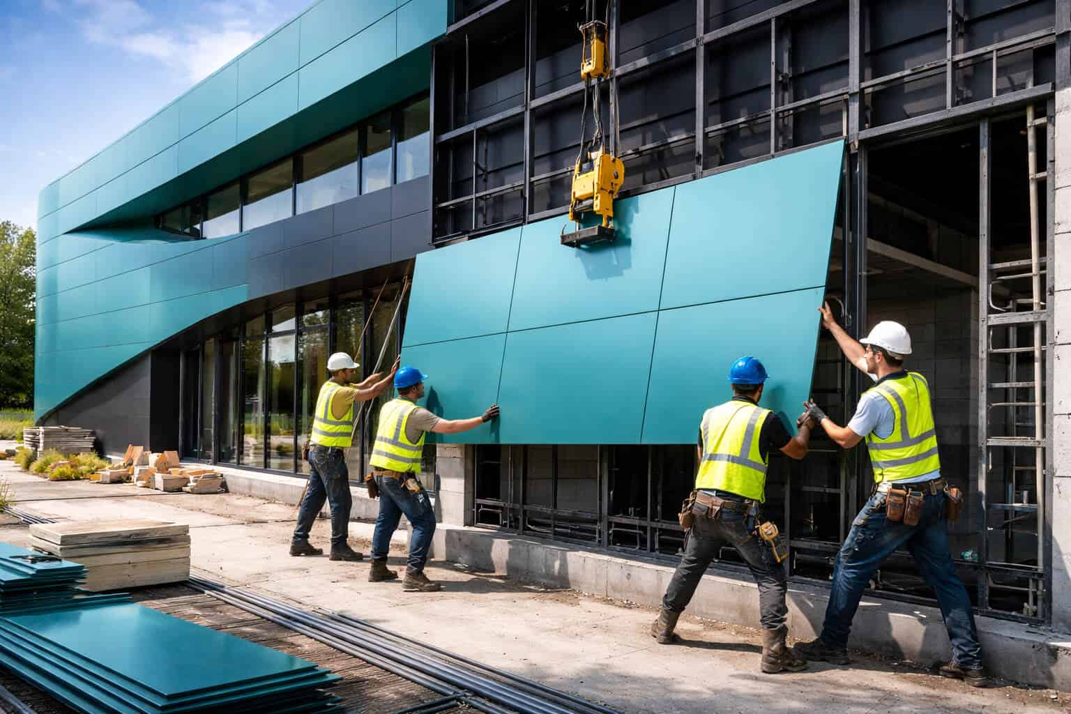 Workers installing lightweight aluminium composite panels on a modern commercial facade
