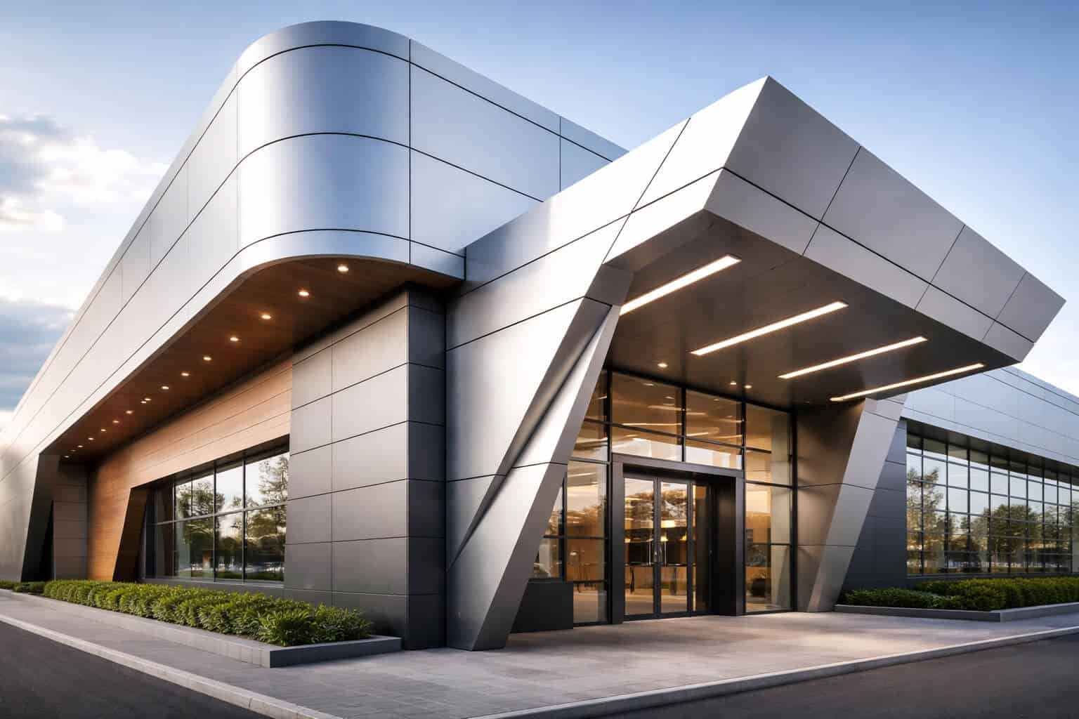 Modern building facade with custom-shaped aluminium composite panels