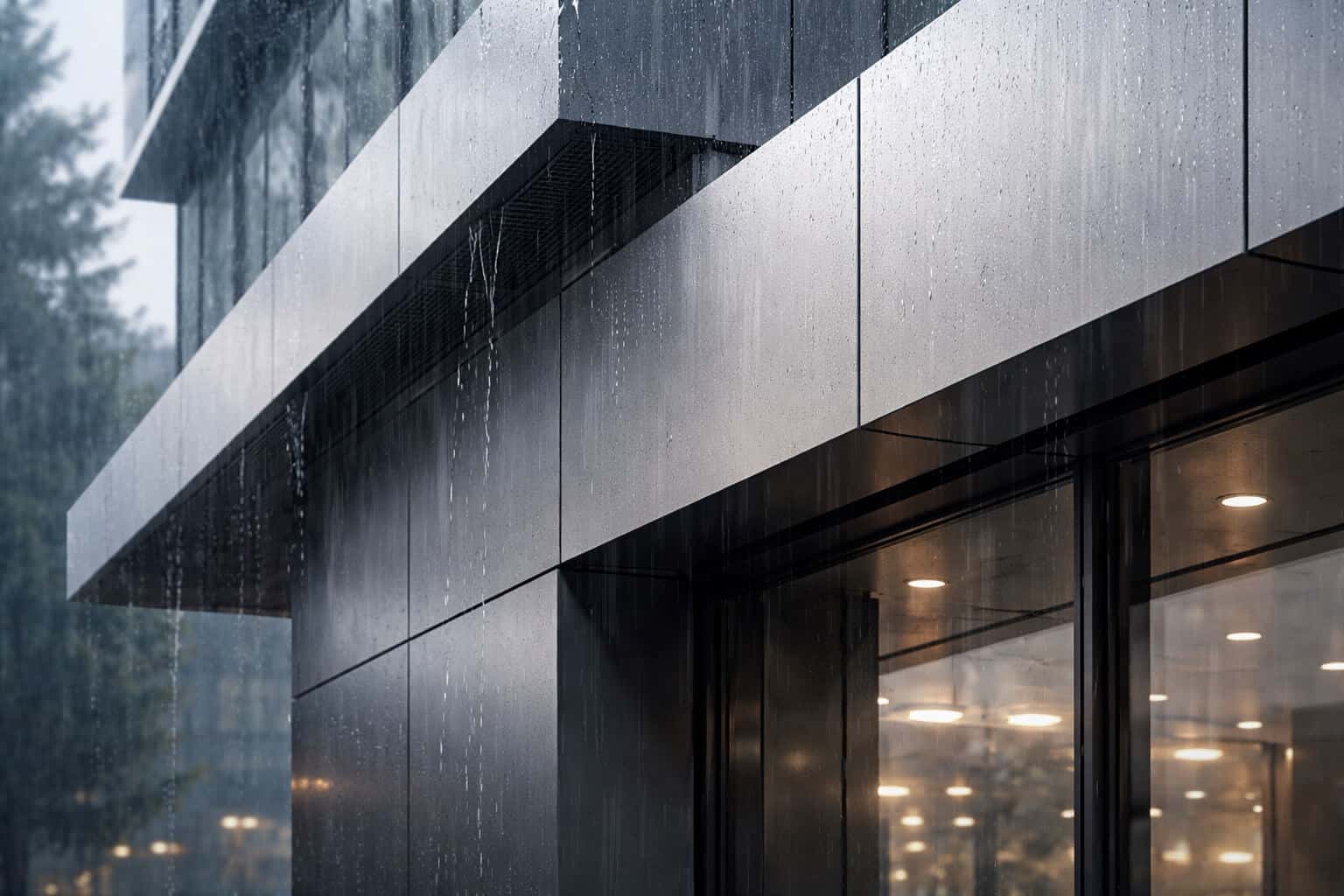 Modern building facade with aluminium composite panels exposed to heavy rain