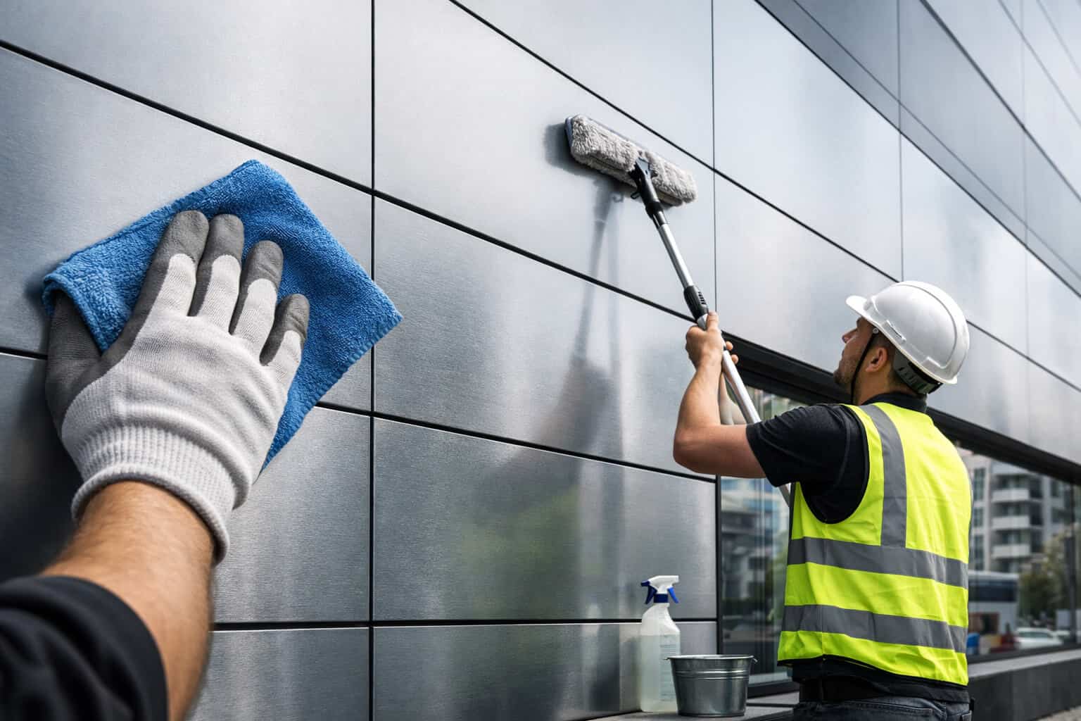 Aluminium composite panels facade being cleaned on a modern building exterior