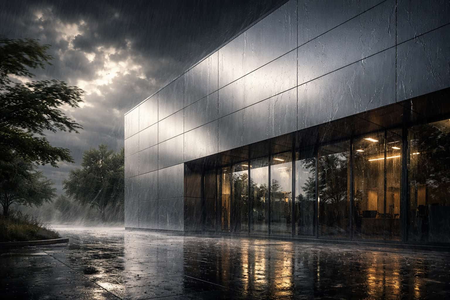 modern building facade with aluminium composite panels during heavy storm showing weather resistance and durability