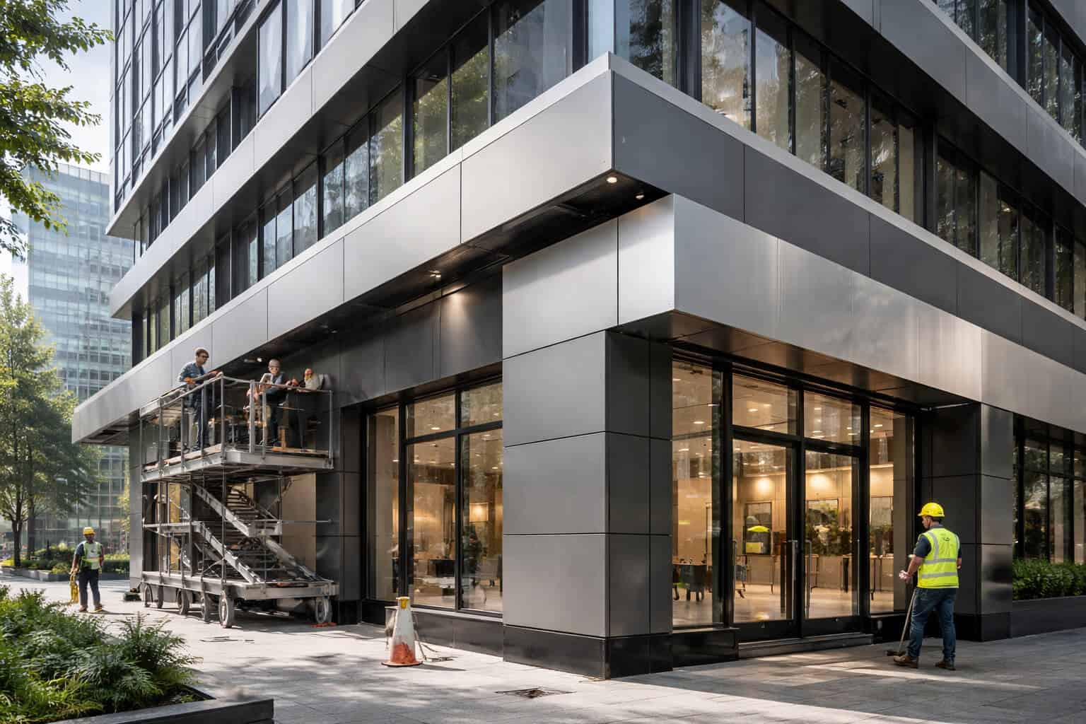 Renovated commercial building facade finished with aluminium composite panels