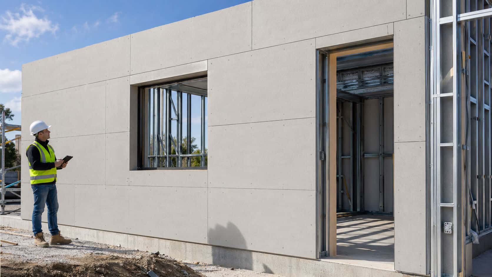 Site inspector checking fiber cement board installation with visible joints, screw fixings, window opening, door opening, and metal framing.