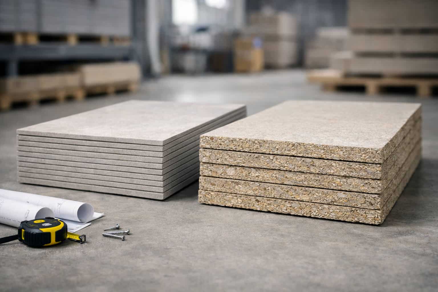 Side-by-side stacks of fiber cement boards and cement particle boards on a concrete warehouse floor, showing the smoother sand-grey surface of fiber cement and the rougher particle texture of cement particle board.