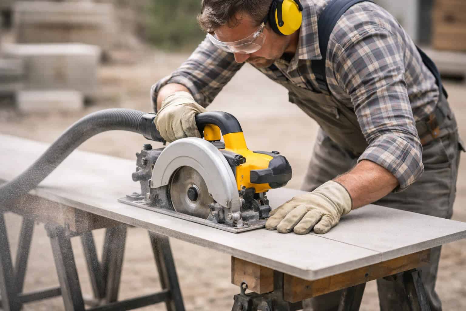 Worker cutting fiber cement board with circular saw and dust extraction on a construction site