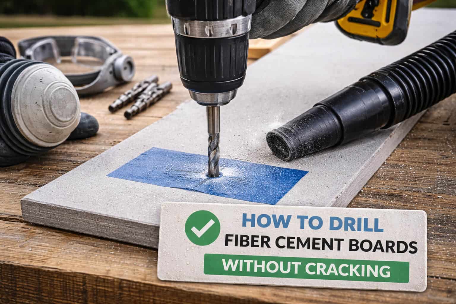 Close-up of drilling a fiber cement board cleanly without cracking or burning the surface