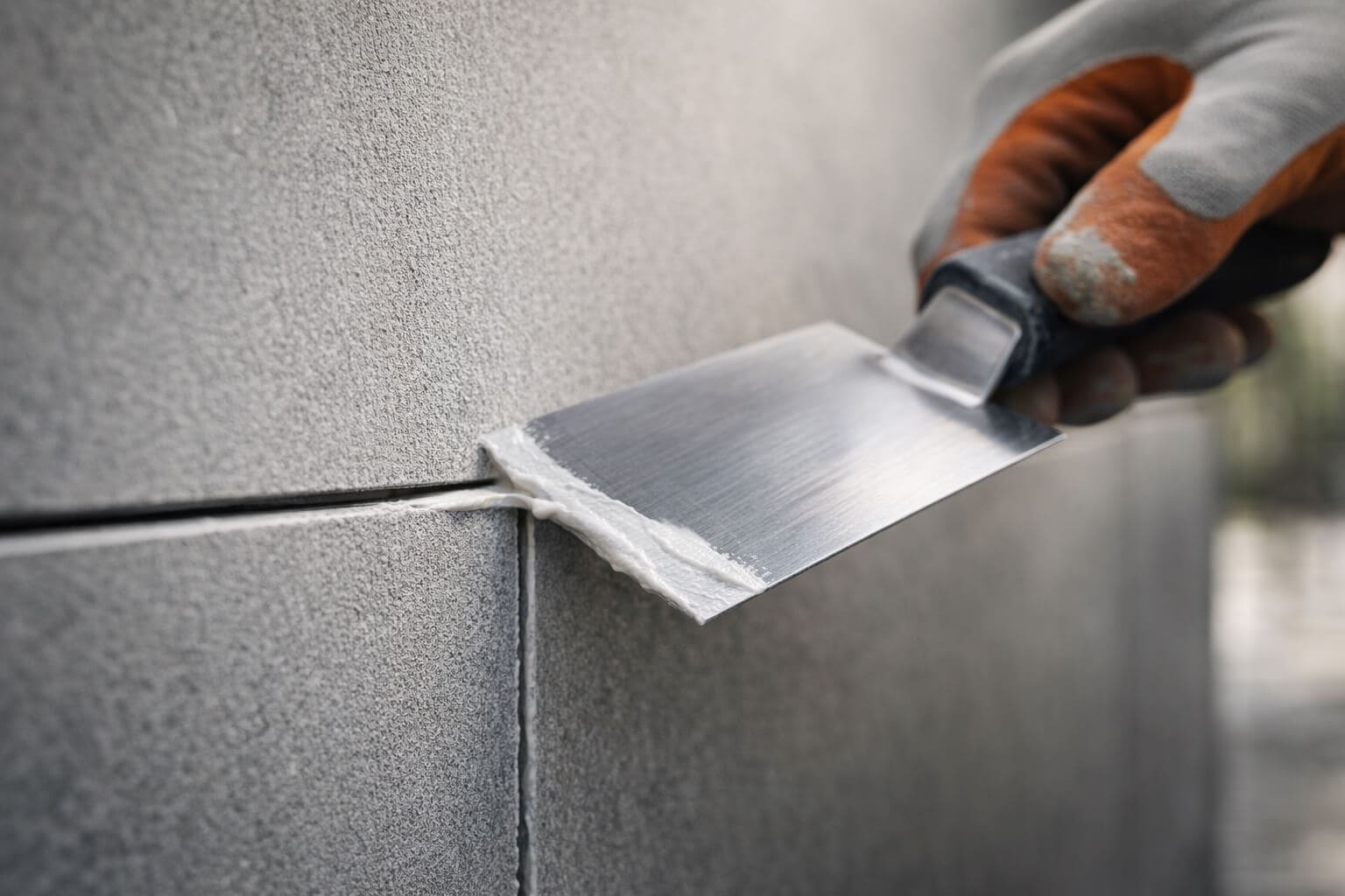 Worker applying joint filler between fiber cement boards with a trowel for a smooth and seamless joint finish