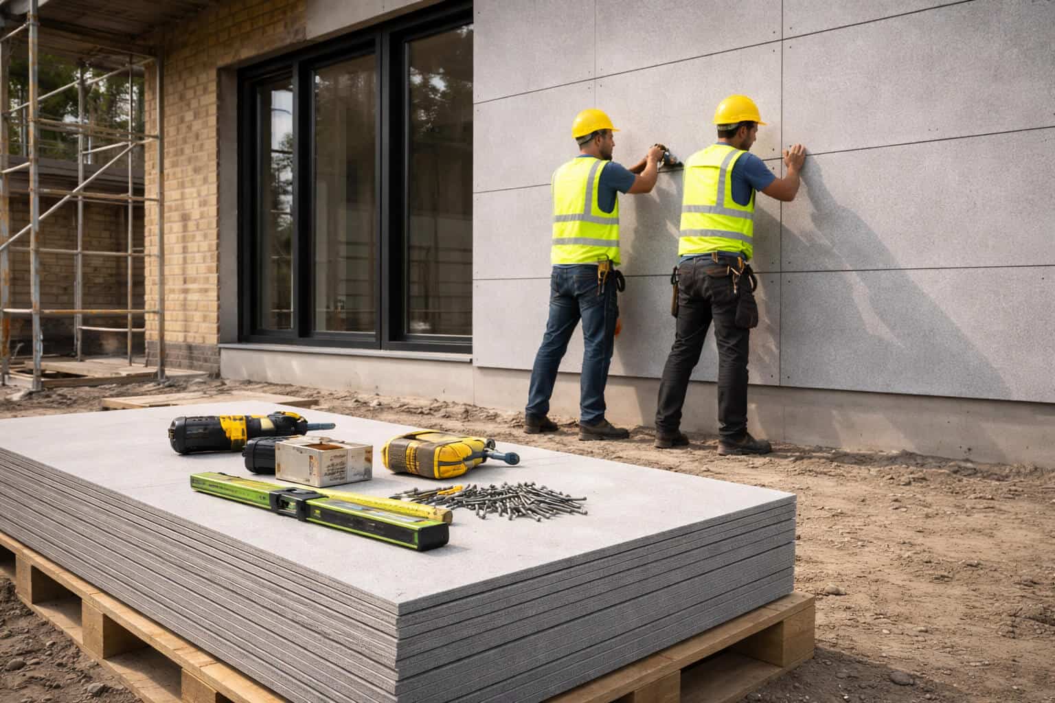 mounting fiber cement boards on wall with workers using drill and proper fixing method