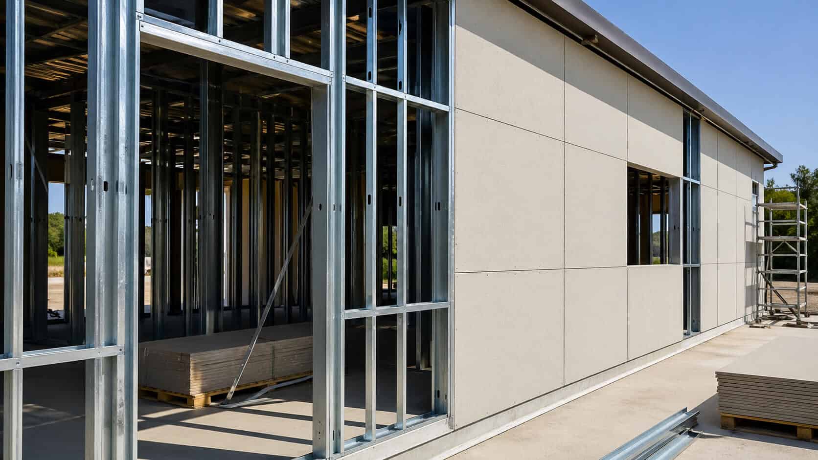 Fiber cement boards installed on metal stud framing with visible joints, screw fixings, exposed steel studs, and window openings.