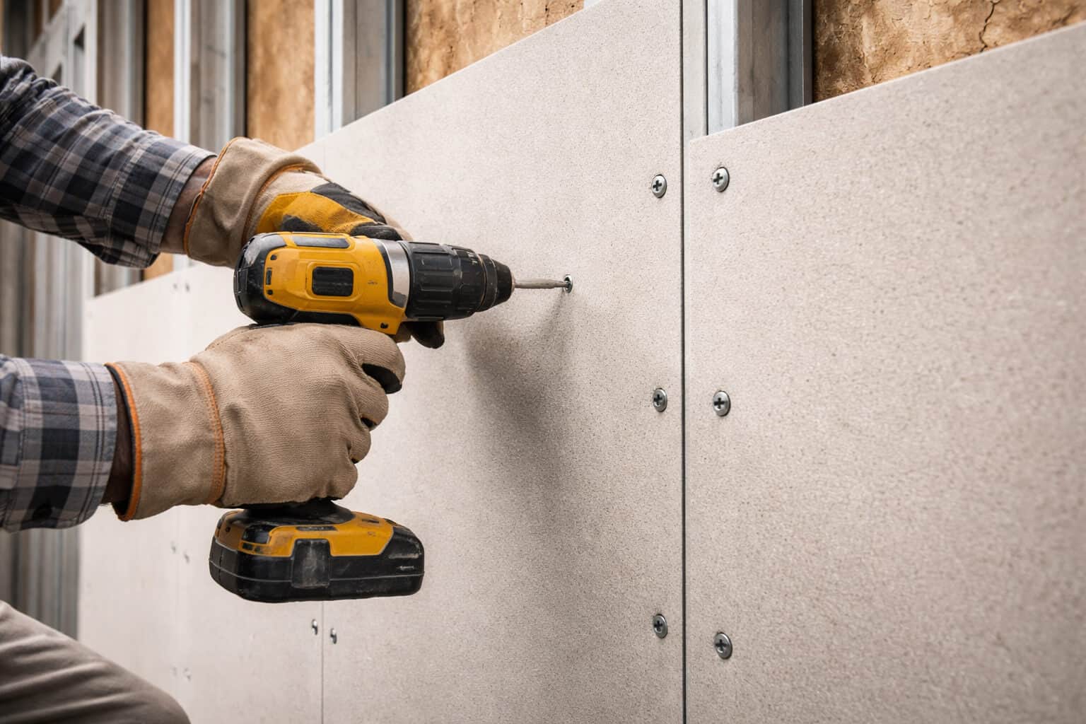 Worker fixing fiber cement boards to steel framing with screws to prevent movement and ensure secure installation