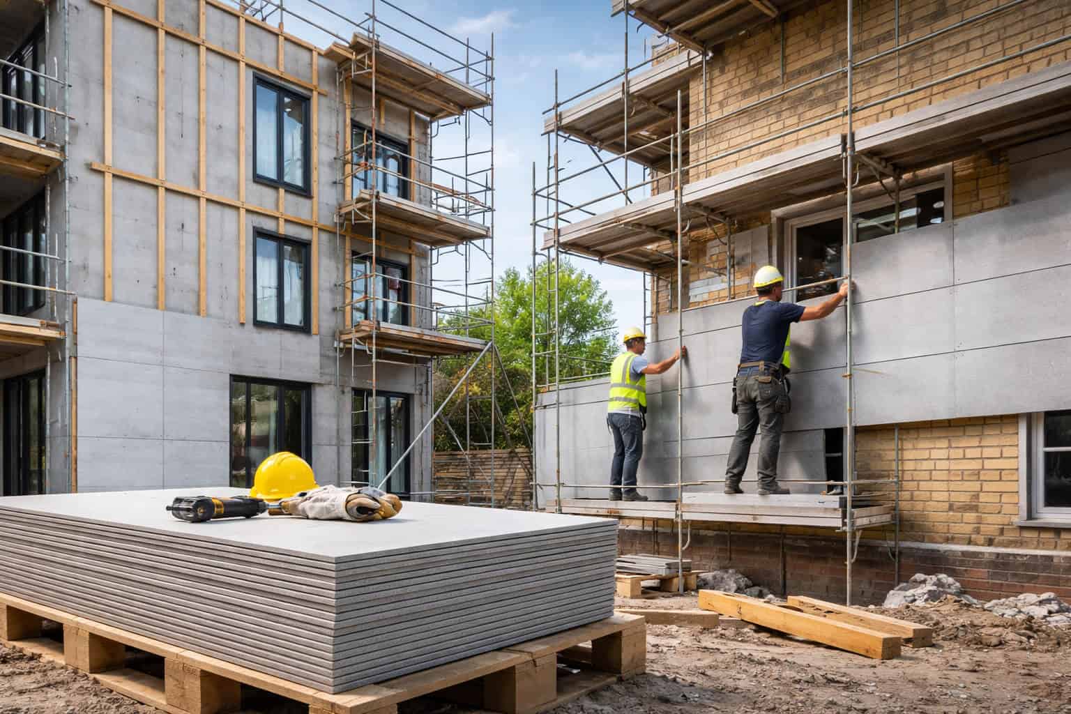 Fiber cement boards installed on new construction and refurbishment building facades