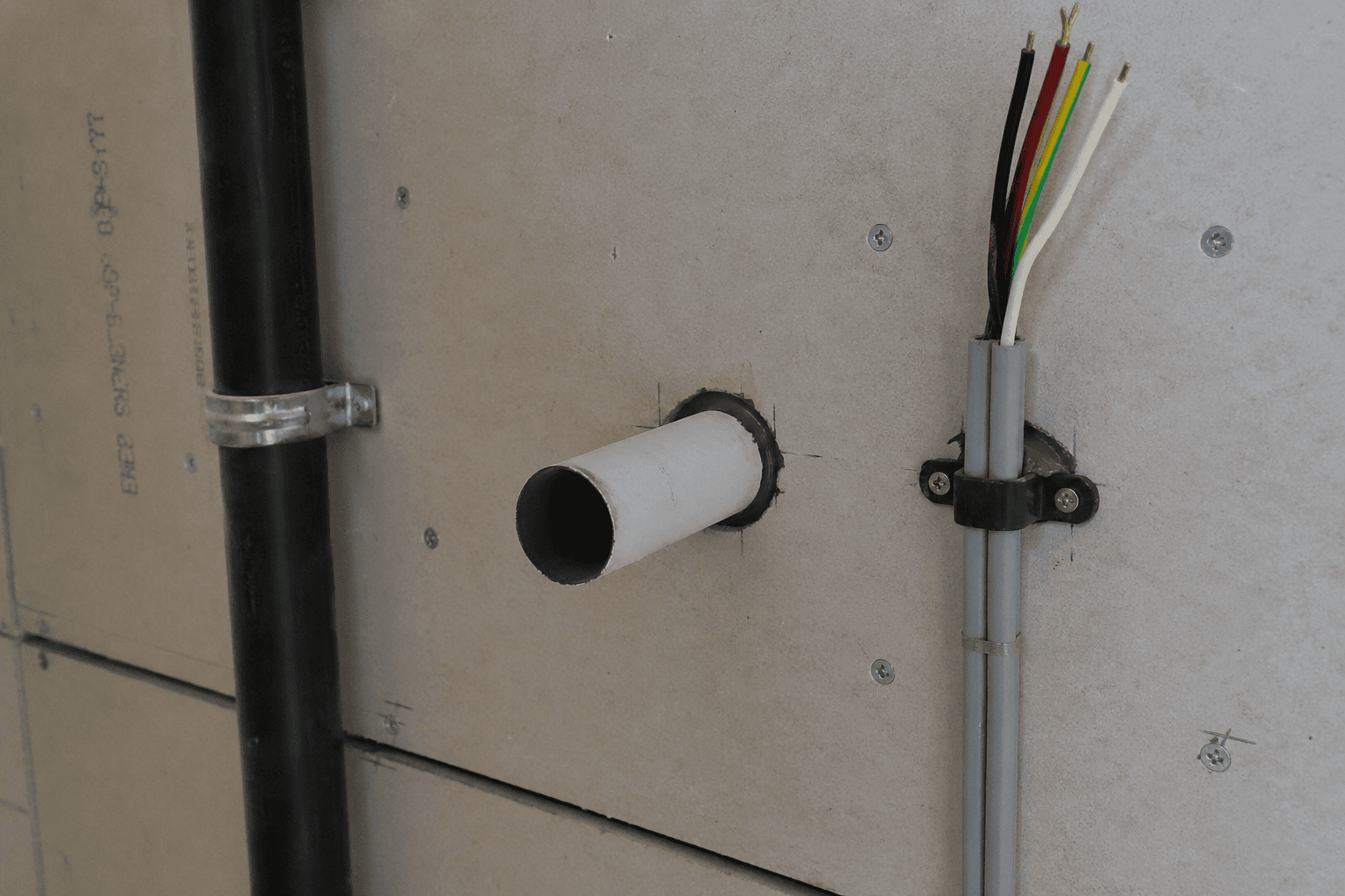 Fiber cement board installed around pipe and cable penetrations with clean openings, screw fixings, and sealed service details.