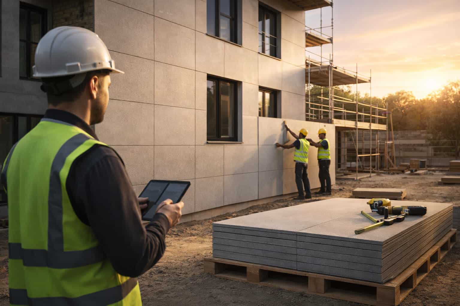 Fiber cement boards installed on modern building facade with clean and organized construction site