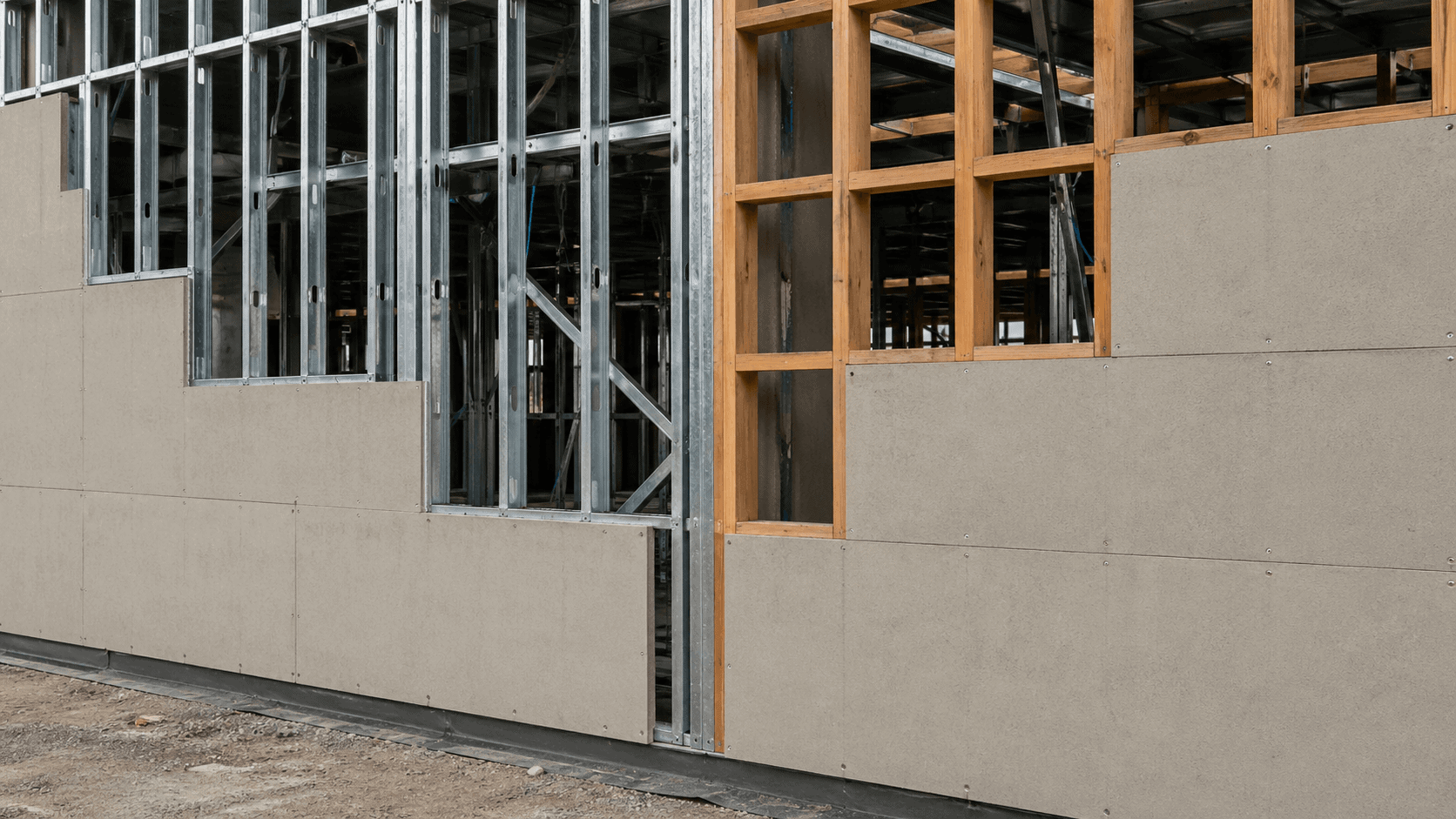 Fiber cement boards installed on steel frame and timber frame wall systems showing different support structures and fixing methods.