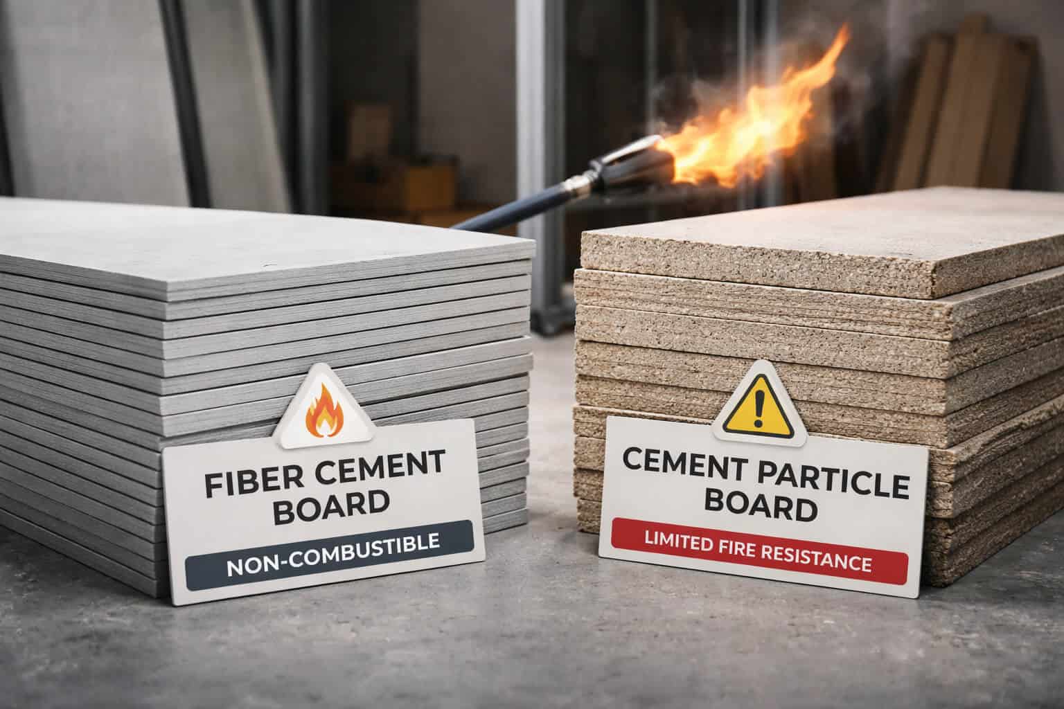 Comparison of fiber cement board and cement particle board for fire-conscious construction projects