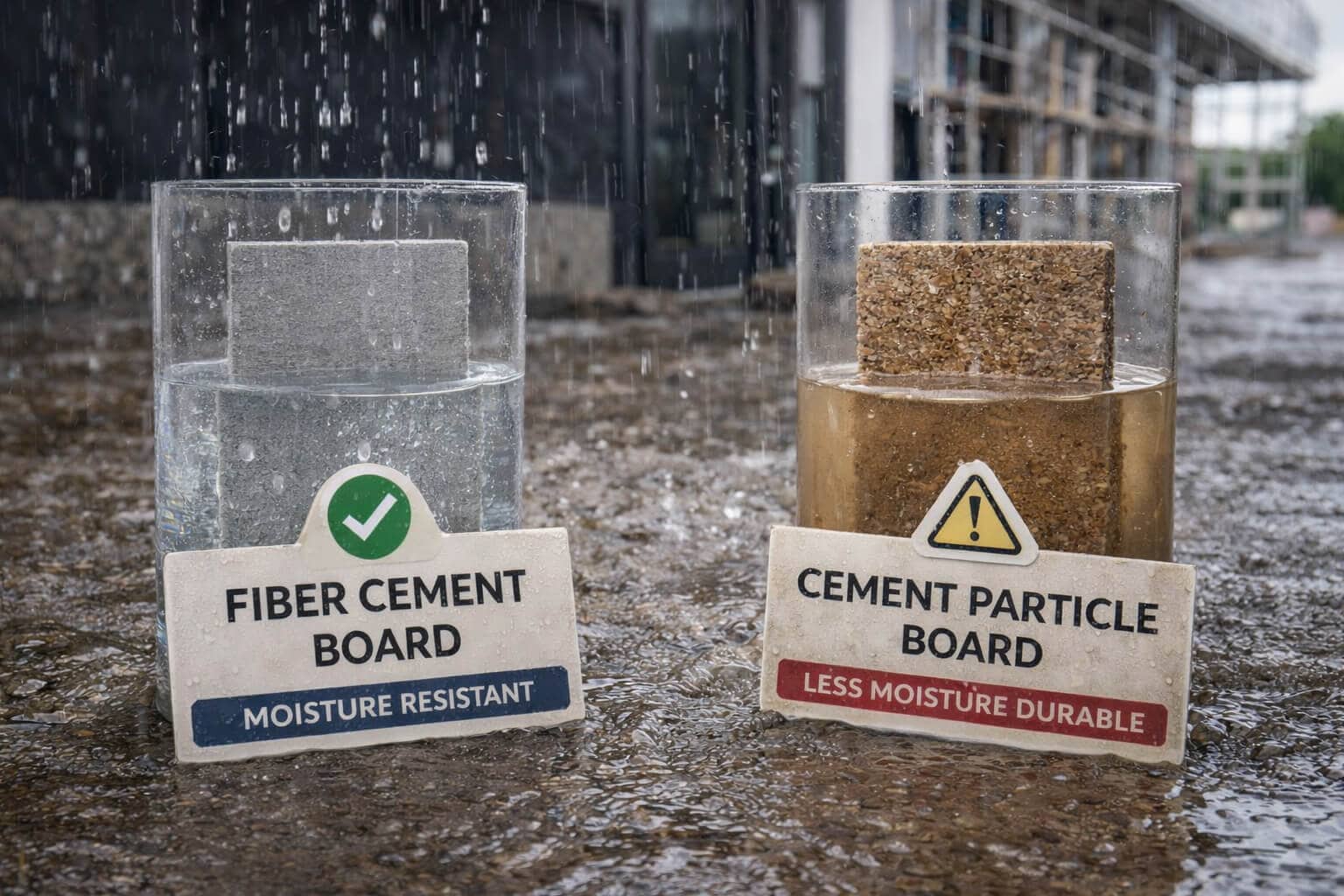 Comparison of fiber cement board and cement particle board for moisture-prone construction applications