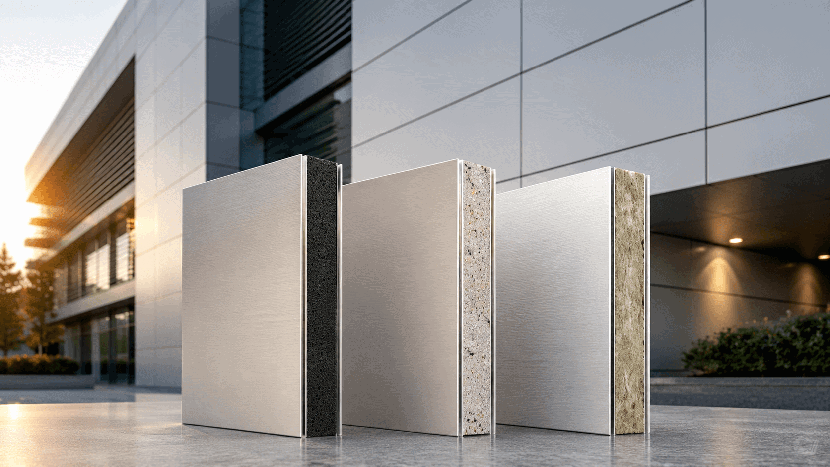 Three aluminium composite panel samples showing different core types in front of a modern ACP-clad commercial building façade.