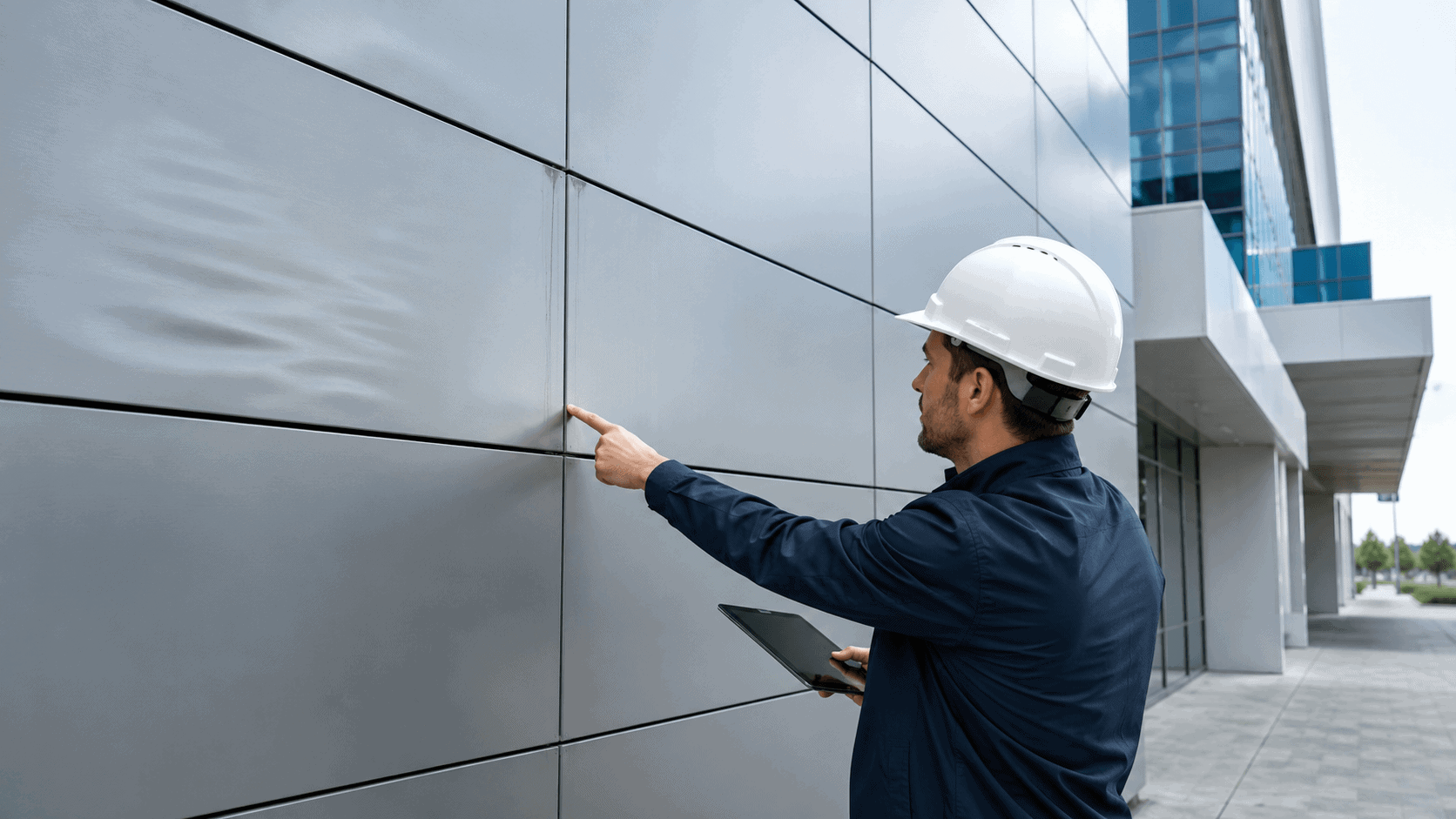 Site engineer inspecting aluminium composite panel joints on a modern building façade for visible cladding defects and installation issues.