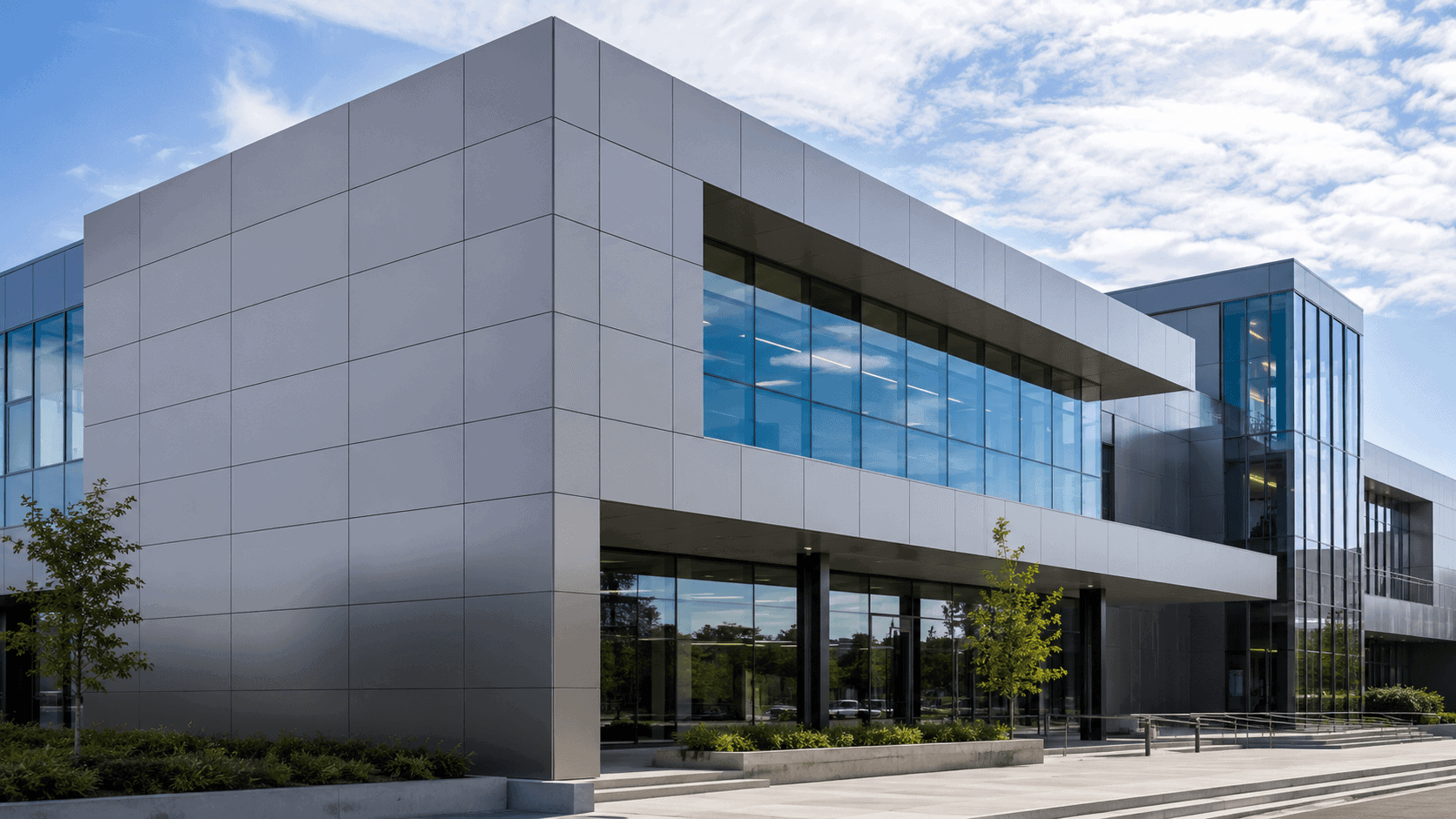 Modern commercial building façade clad with PVDF coated aluminium composite panels showing smooth metallic exterior cladding.
