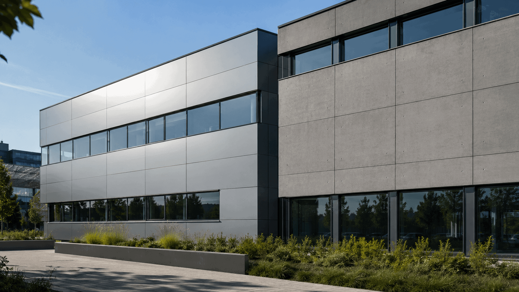 Modern building façade comparing smooth aluminium composite panels with textured fibre cement boards as exterior cladding materials.