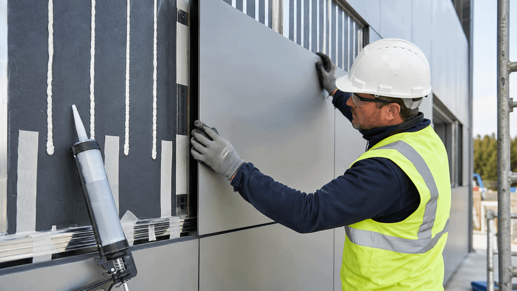 Installer positioning an aluminium composite panel onto a prepared surface with adhesive beads, positioning tape, and bonding tools visible.