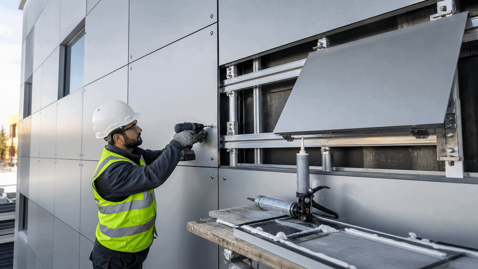 Installer fixing aluminium composite panels on a metal subframe with visible screws, rivets, adhesive tools, and cassette-style façade panels.