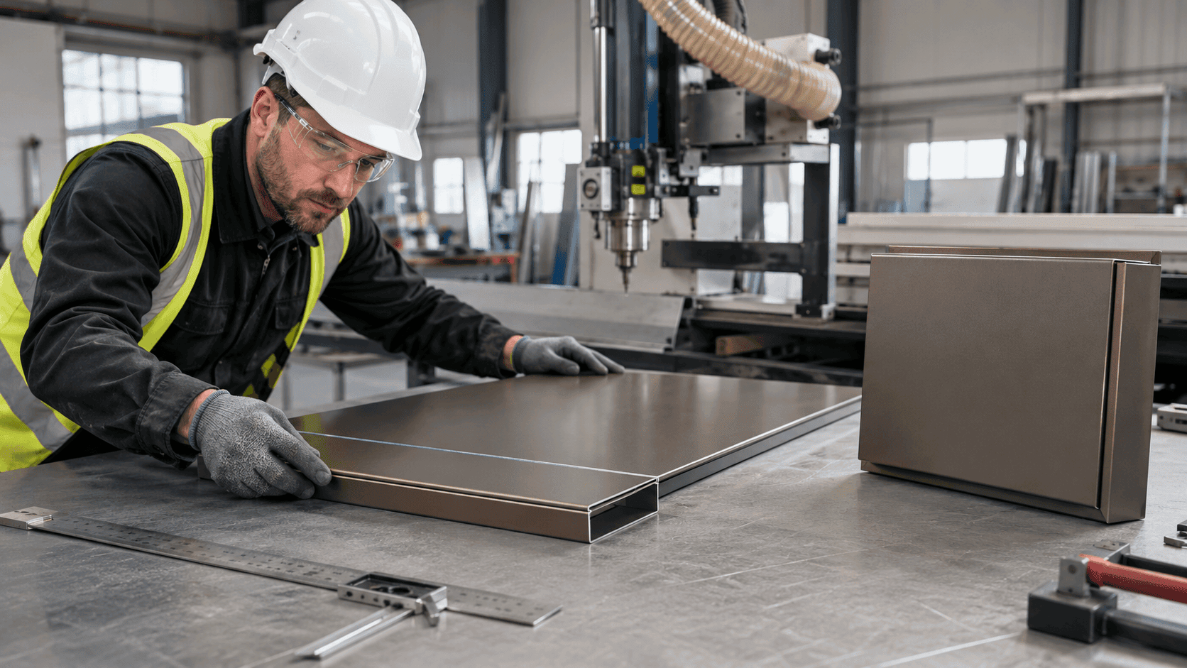 Fabricator routing and folding an aluminium composite panel sheet on a workshop table to create clean corners and returns.