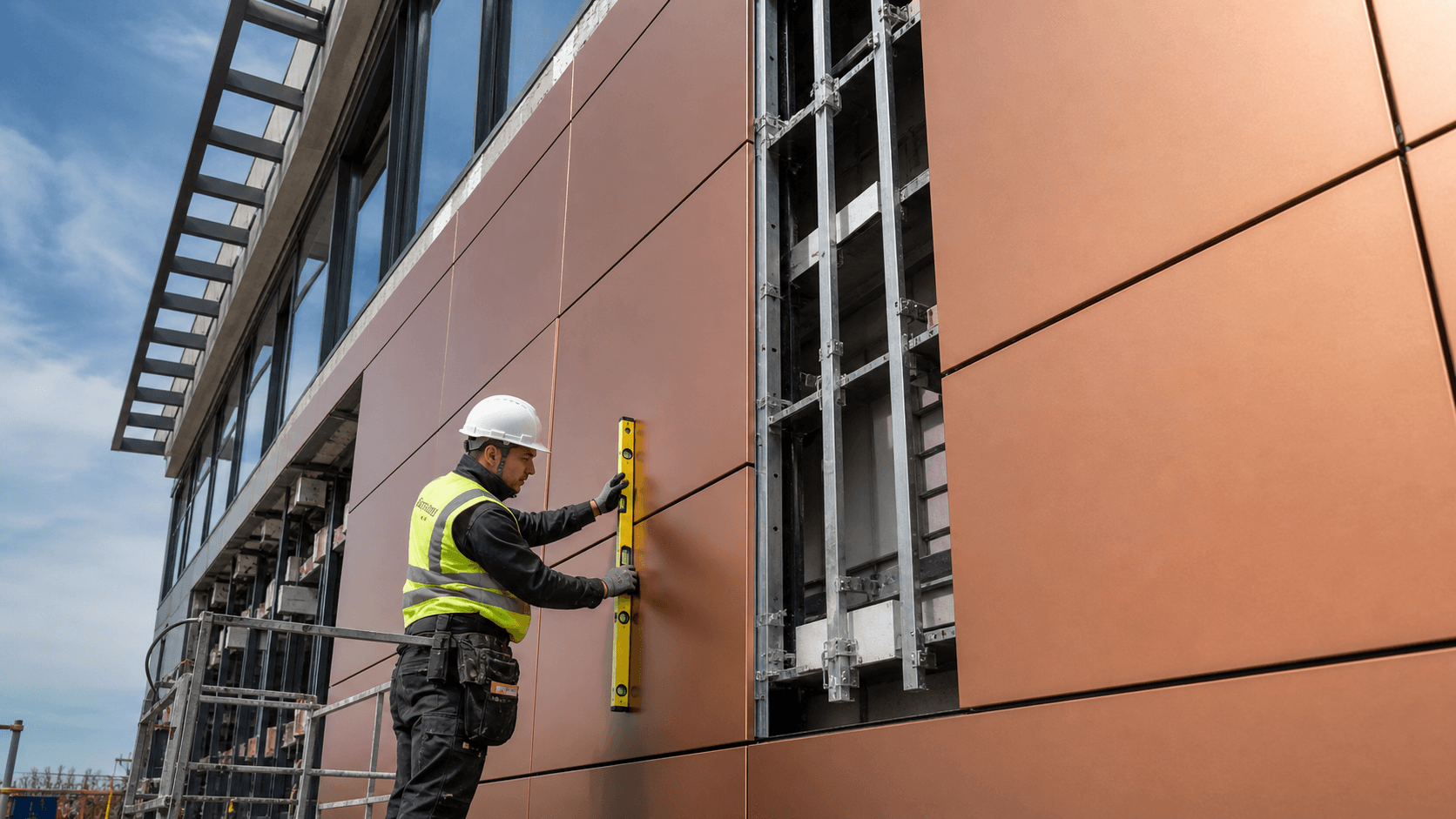 Installer checking the flatness of bronze aluminium composite panels on a metal subframe to help prevent oil canning in façade cladding.