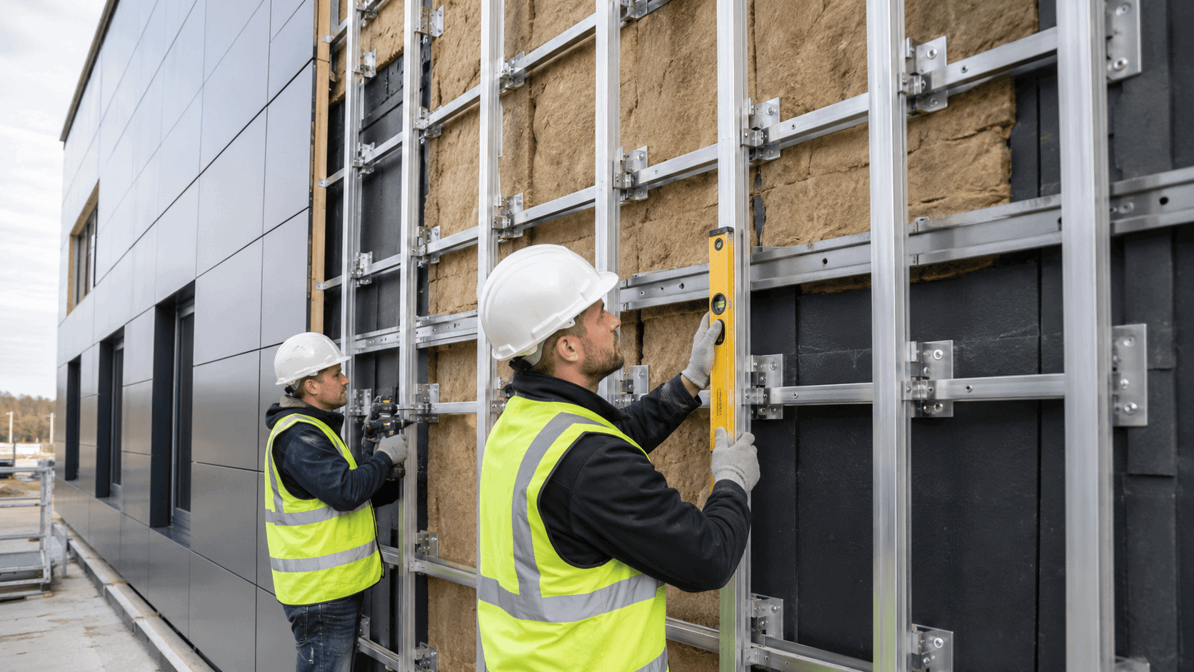 Construction workers checking a metal subframe for aluminium composite panel cladding with aligned rails, brackets, insulation, and fixing points.
