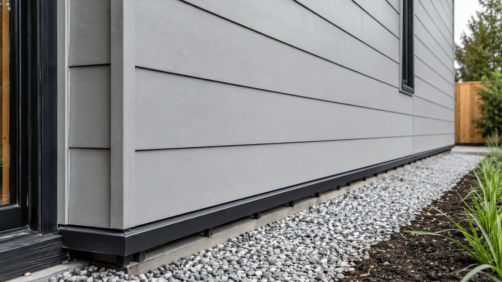 Fiber cement board external wall base detail with ground clearance, black base trim, gravel drainage, and protection from soil splashback.