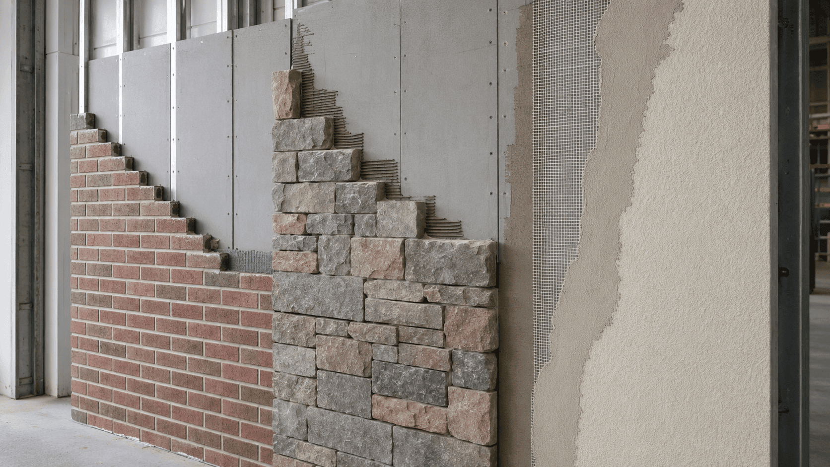 Fiber cement board used as a backing substrate behind brick slips, stone cladding, and rendered wall finishes.