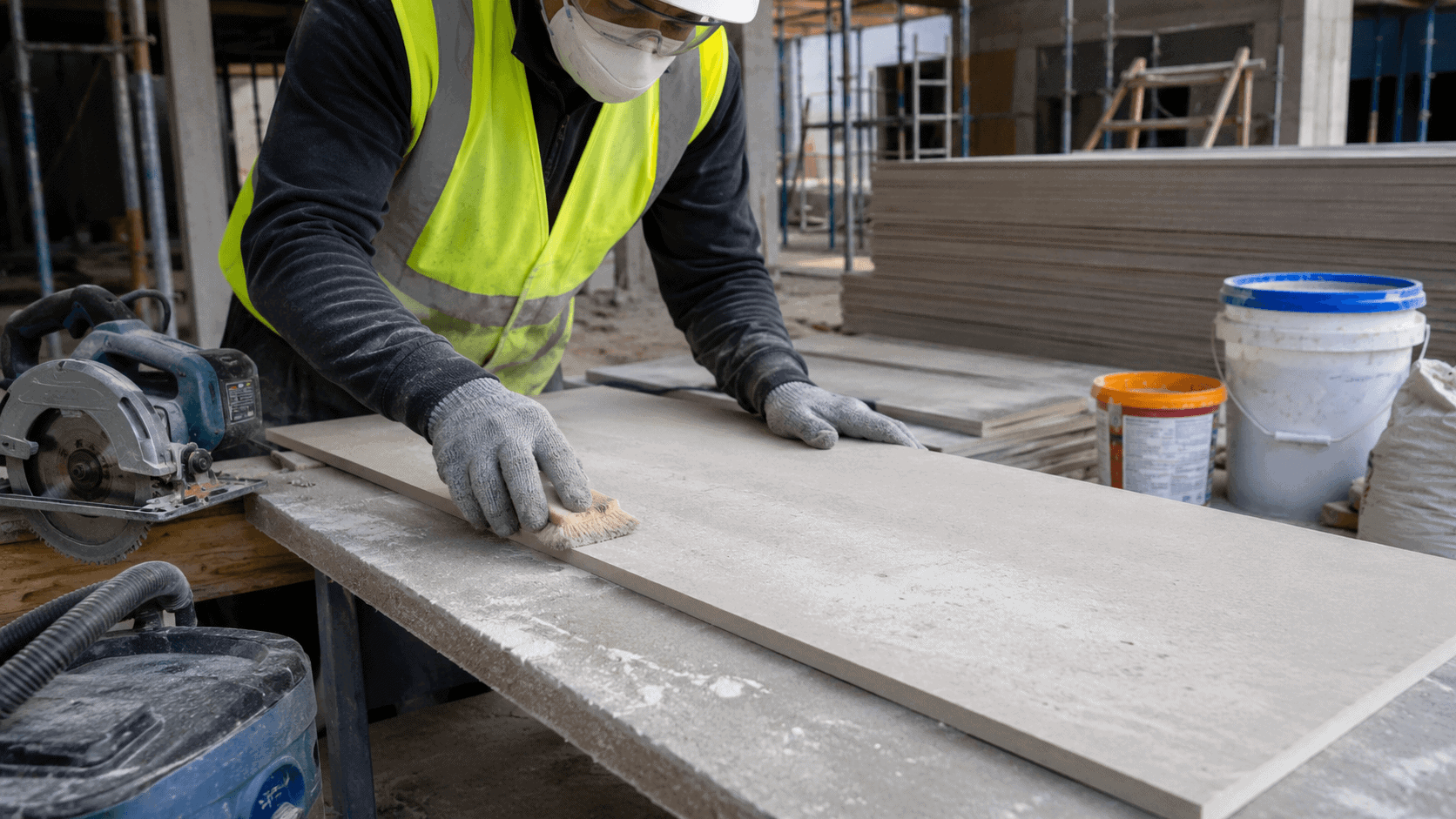 Fiber cement board surface being cleaned after cutting to remove dust before painting, rendering, sealing, or applying adhesive.