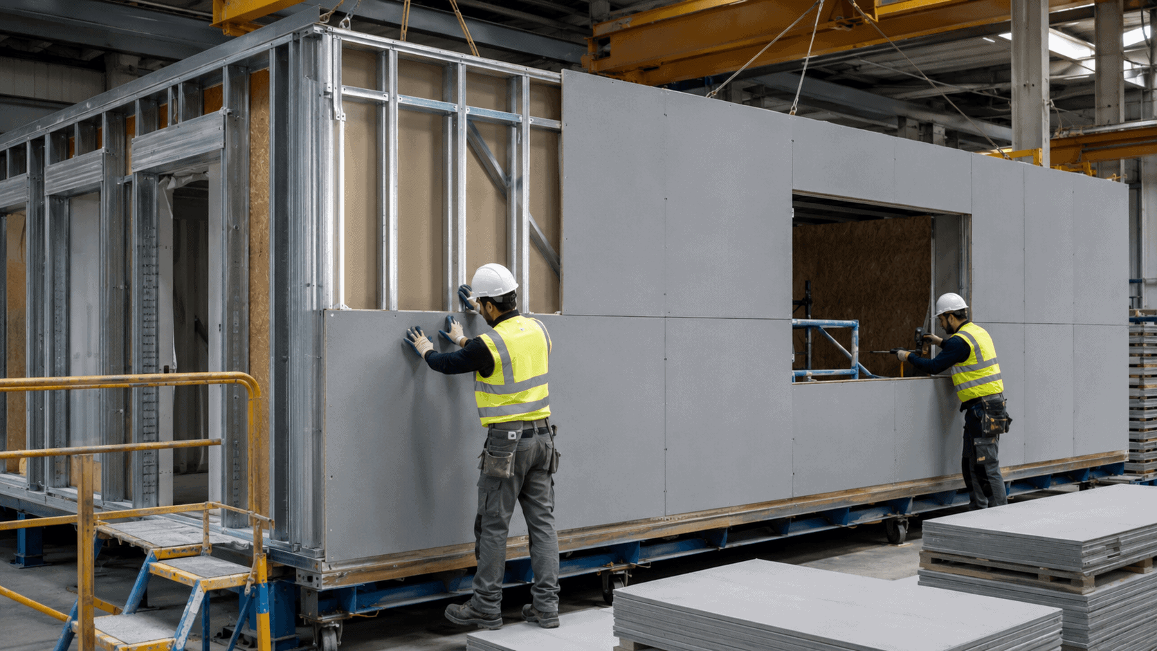 Fiber cement boards being installed on a modular building wall system with steel framing, screw fixings, and factory assembly.